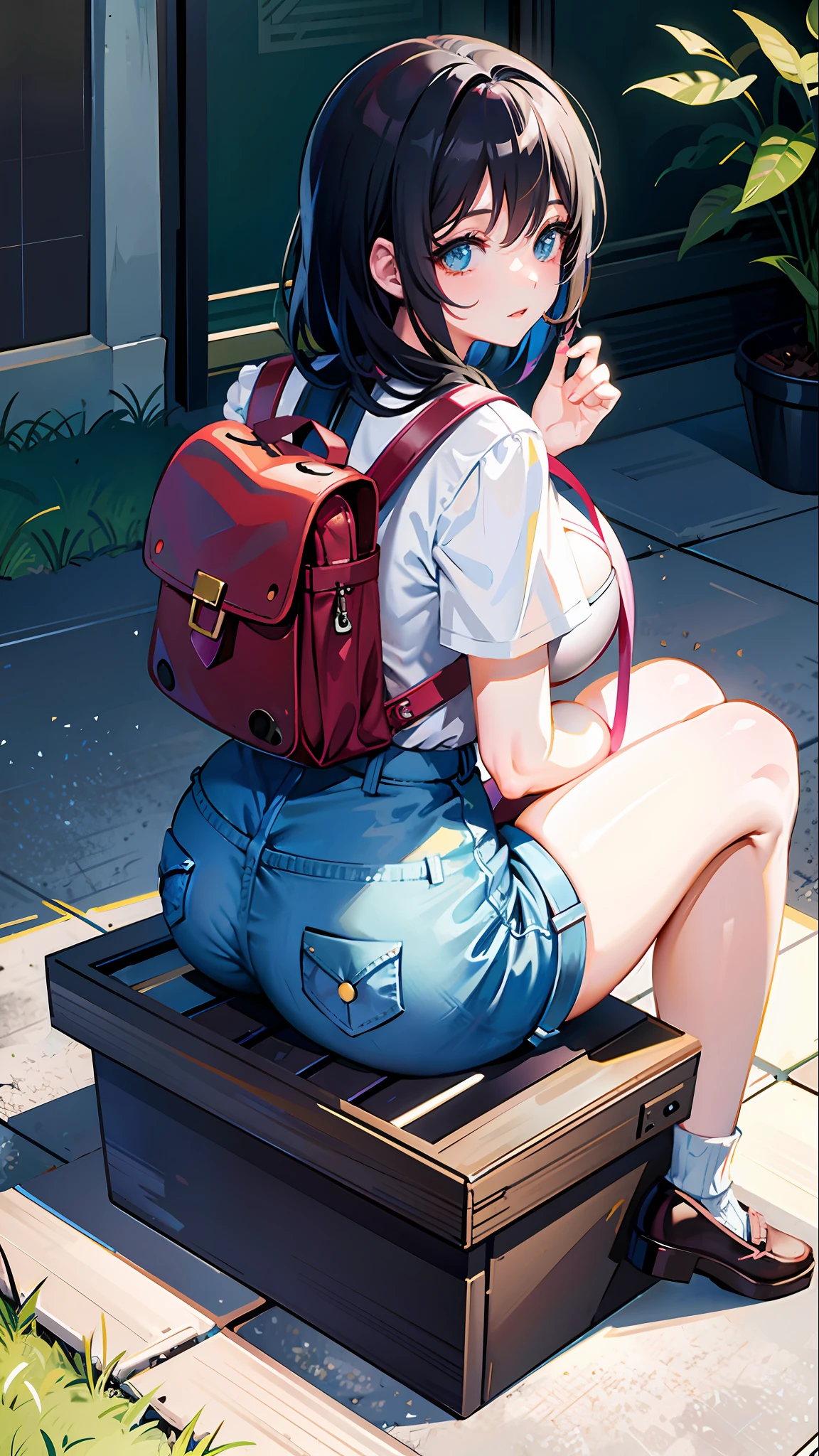 Anime girl sitting on the ground, side face, Asian squat, carrying backpack and a book in tight shorts, anime aesthetics, anime back huge boobs, butt with traces of panties, anime aesthetics