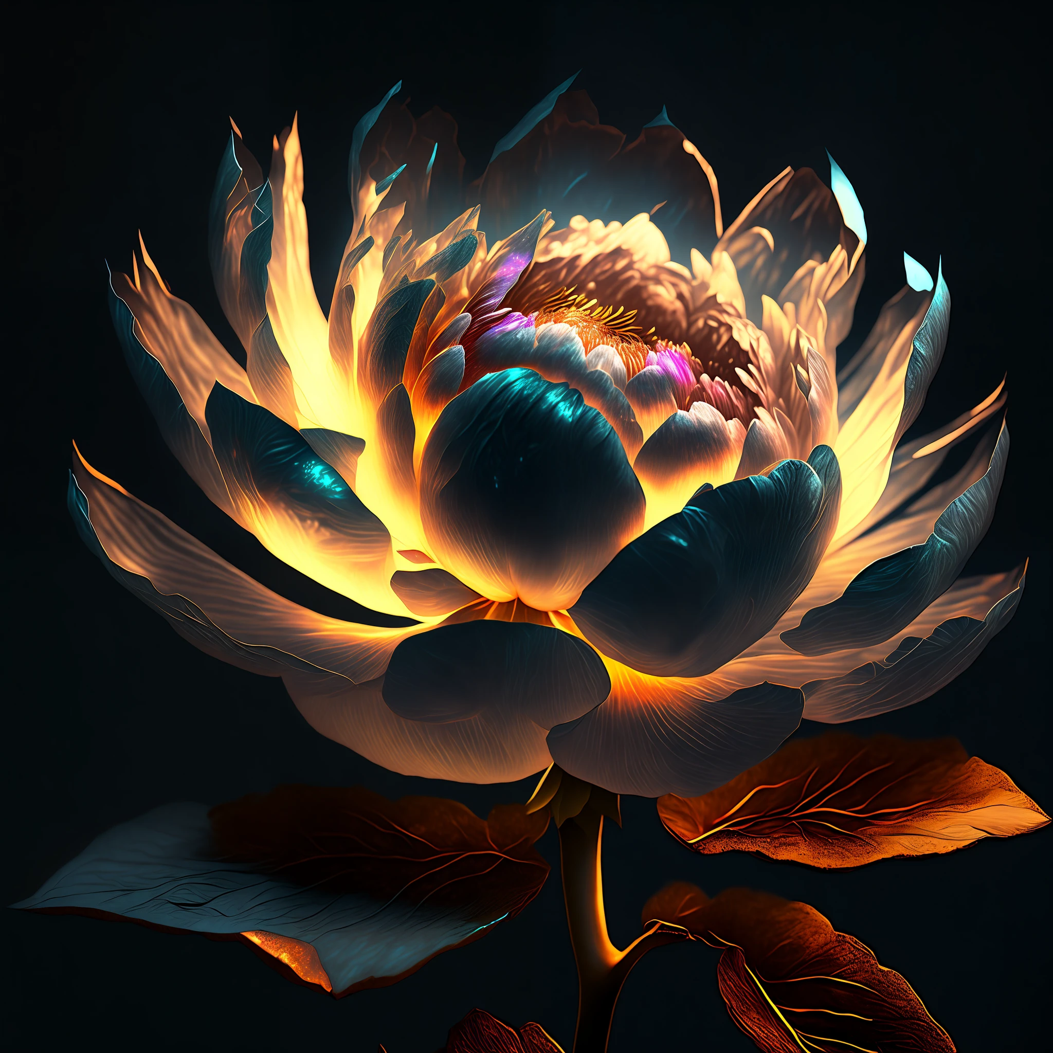 Peony flower, super transparent, holy light, beautiful spectrum light, petals glowing, shimmering, dark background, transparent light drops, reflected light, bright, light streaming in, optical, portrait silhouette, sharp focus, magical, intricate, hyper-realistic, fantasy, composition, light, artstation trend, pearl, patron saint cloud of silver steam, corroded surround ray family, 8k, real ar 23v4 uplight