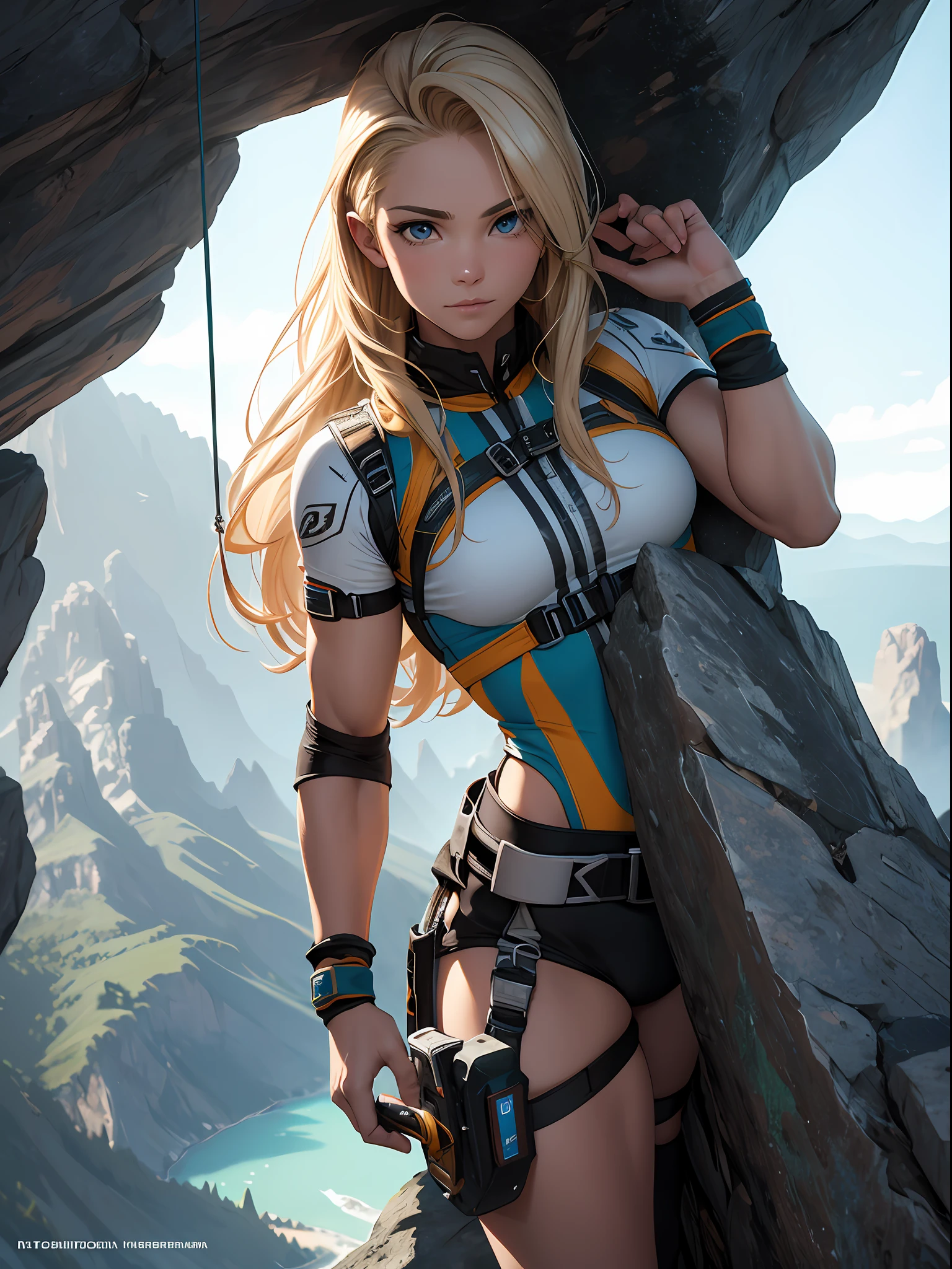 16K, HDR, RTX, closeup shot, best quality, masterpiece, highly detailed, masterpiece, intricate, beautiful rock climber, sexy, tomboy, feminine, long blonde hair, muscular, petite, rock climbing gear, ropes, equipment, jagged rocks, adventurous, thrilling, risky,