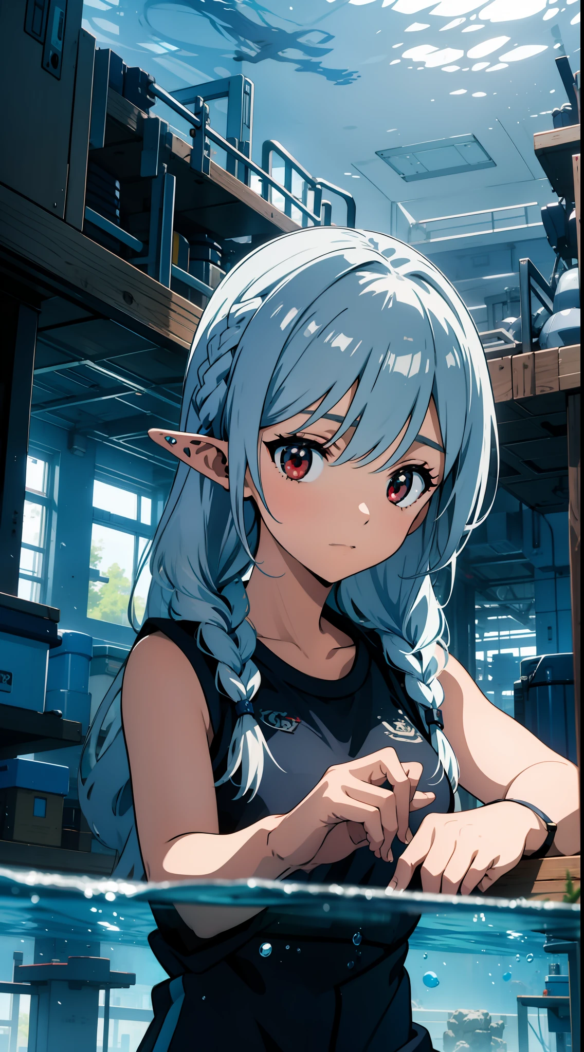 underwater, gym sitting, one girl closeup, elf, silver hair, red eyes, braids, concept art, beautiful anime scene, top rated on pixiv