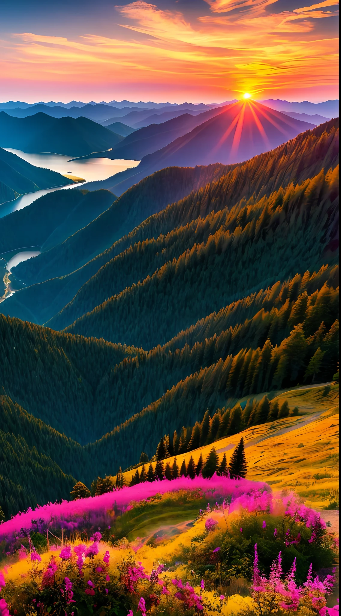 Sunset, sunset, far overlook, magnificent scenery, realistic, colorful, gorgeous, evening, feature film, nature style, HD.