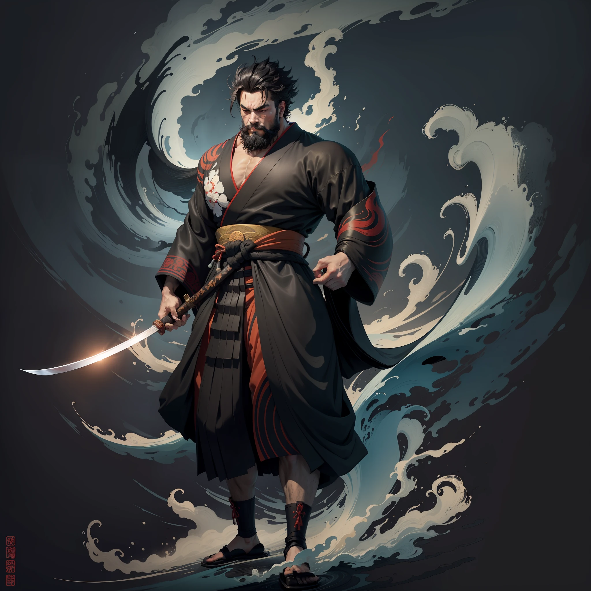 It is a full-body painting with natural colors in the style of ukiyo-e. A Japan samurai with a large body like a strongman. He has a rough face, short black hair, and a short, trimmed beard. He wears a black kimono. The hakama should be a little longer and draw in a flowing shape that flutters in the wind. He holds a sword in his right hand with flames coming out of his Japan sword. The background is Katsushika Hokusai-style swirling waves. Masterpiece high-resolution ukiyo-e style, with the highest quality --auto --s2