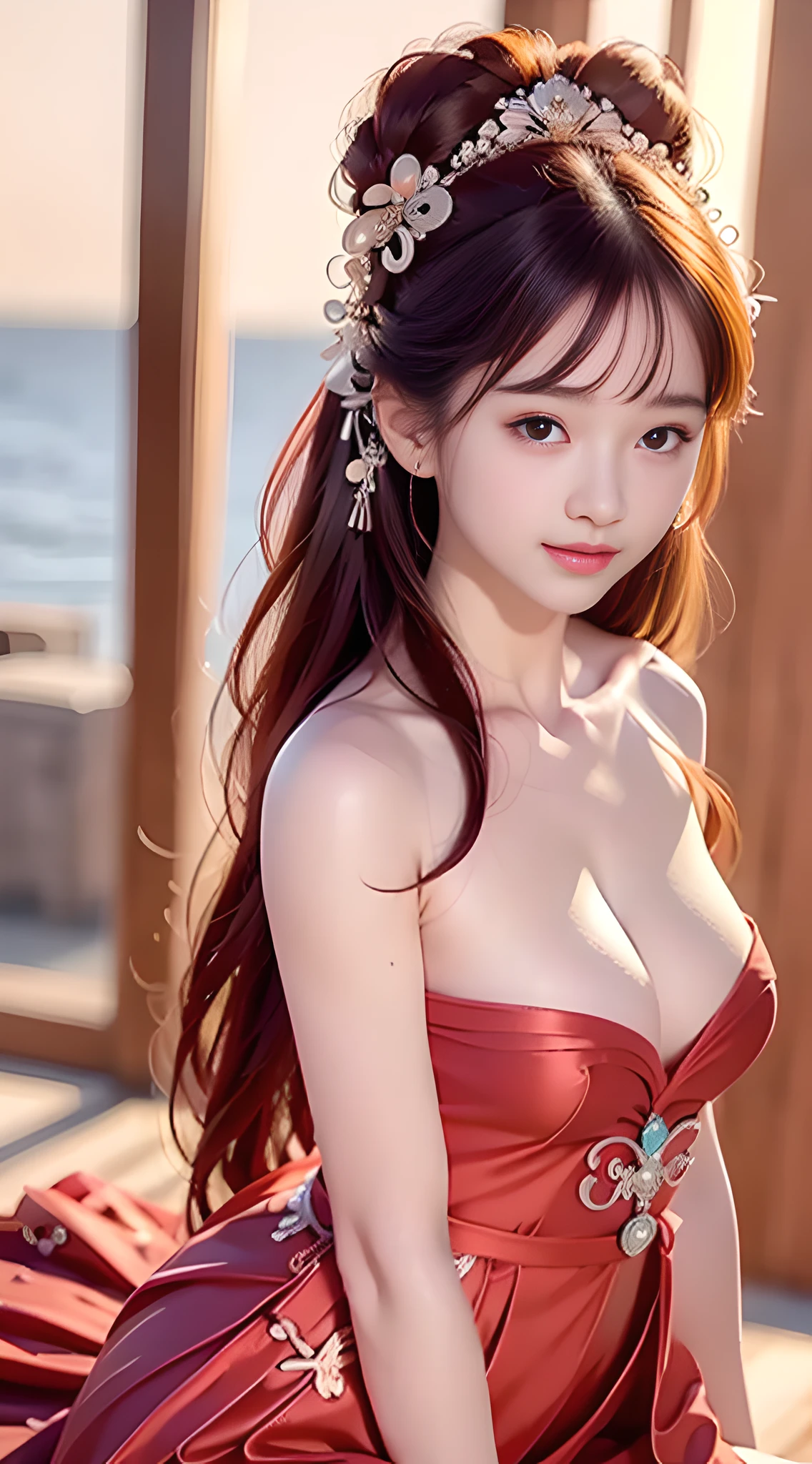 closeup on face, female pubic hair, Chinese wind, ancient wind, red color Hanfu, Seated position, long long hair, Delicate clothing patterns, elegant, ornate, elegent, seas, Red ribbon, Water magic, Water, Sense of brokenness, liuli, The underwater world, bubble, coral, Koi, Finned wings, Staff, pearl, aquamarine, closeup on face, twin braids, hair strand, diagonal bangs, hair ribbon, hair ornament, forehead jewel, jeweled branch of hourai, crescent hair ornament, fish hair ornament, god rays, sparkle, cinematic lighting, lens flare, UHD, high details, high quality, highres, best quality, 8k, 16k, high details, high quality, super detail, anatomically correct, masterpiece, ccurate