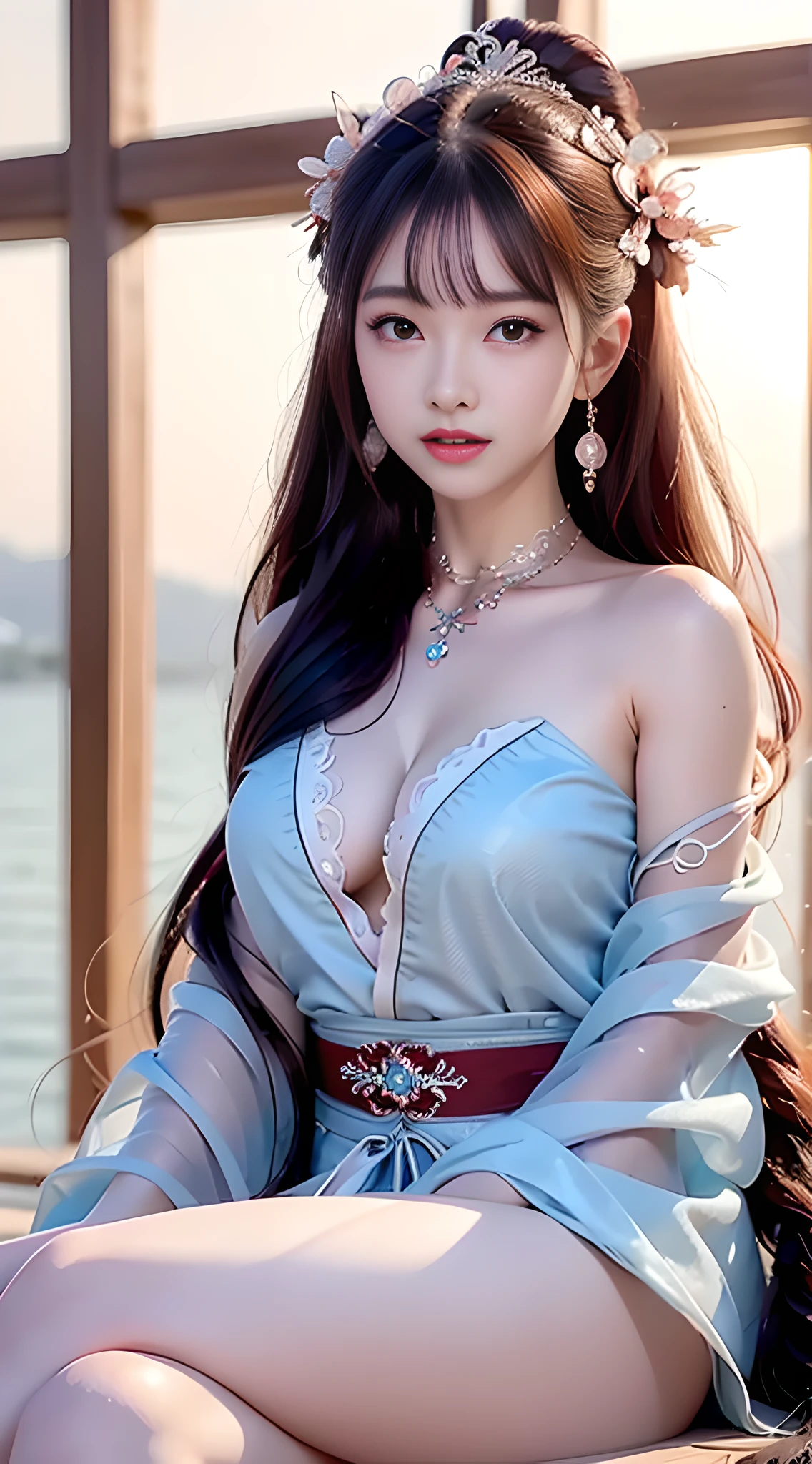 closeup on face, female pubic hair, Chinese wind, ancient wind, red color Hanfu, Seated position, long long hair, Delicate clothing patterns, elegant, ornate, elegent, seas, Red ribbon, Water magic, Water, Sense of brokenness, liuli, The underwater world, bubble, coral, Koi, Finned wings, Staff, pearl, aquamarine, closeup on face, twin braids, hair strand, diagonal bangs, hair ribbon, hair ornament, forehead jewel, jeweled branch of hourai, crescent hair ornament, fish hair ornament, god rays, sparkle, cinematic lighting, lens flare, UHD, high details, high quality, highres, best quality, 8k, 16k, high details, high quality, super detail, anatomically correct, masterpiece, ccurate