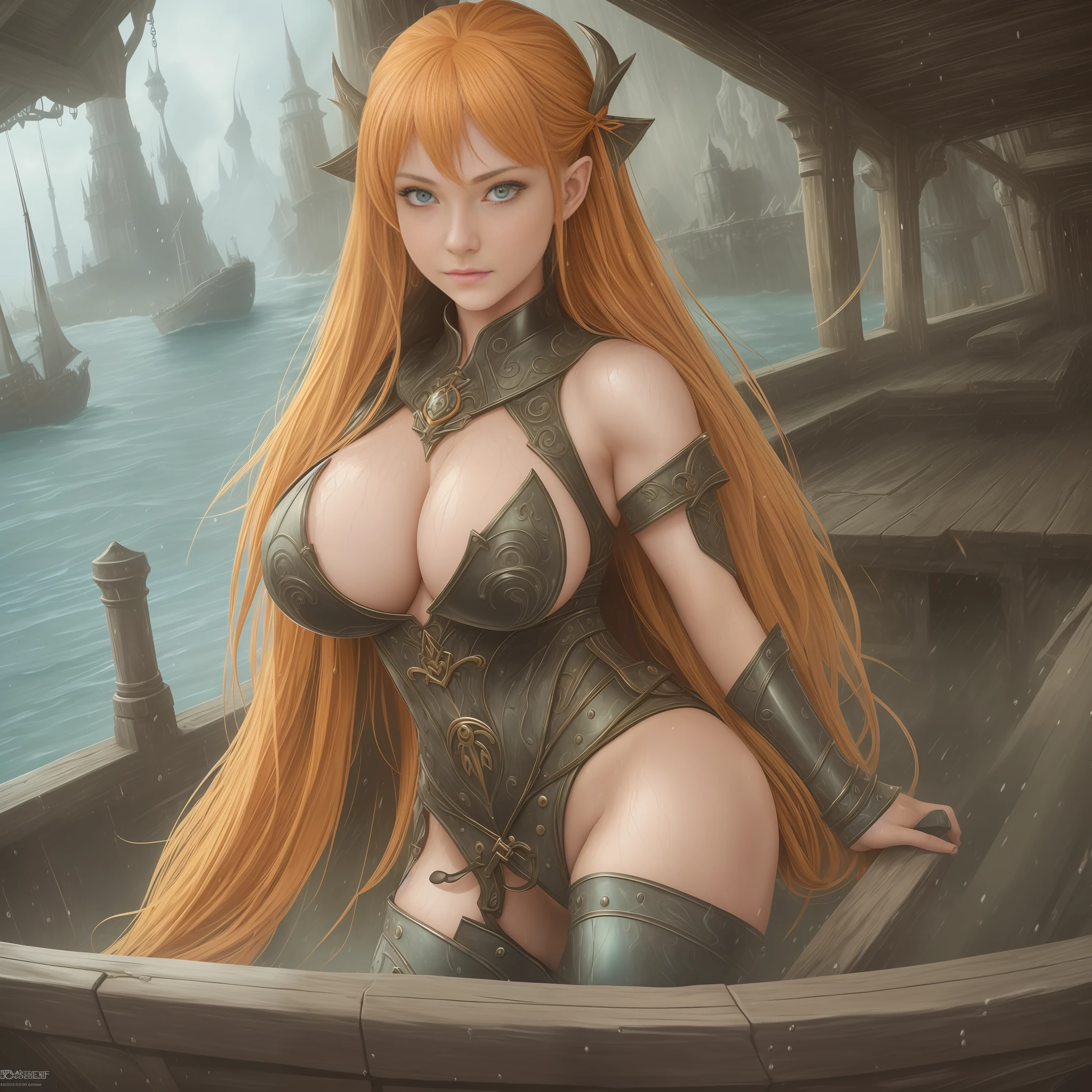 (highly detailed RAW color photo, absurd resolution, high resolution, ultra detailed), ((angle r 3 6)),
1 woman, Elf ears, mature, muscle, ((Huge breasts:1.4)),((very soft breasts)), Ultra-detailed face, Detailed eyes. ((she's wet))). Full-bodied, long dark blonde hair, very light green eyes, flushed face, Miku Nakano's face,
(detailed eyes and detailed face),
extremely detailed 8k photo, looking at the viewer, alone, (full body: 0.4),
inside a ship, outer background of the ship, detailed face, (medieval fantasy theme:1.3),
merchant, medieval RPG-themed clothes, yellow warrior robes with orange details,
ship in the background, outside the ship,
inspired by Dungeons and Dragons, digital art, ultra-realistic, vivid colors, --auto --s2