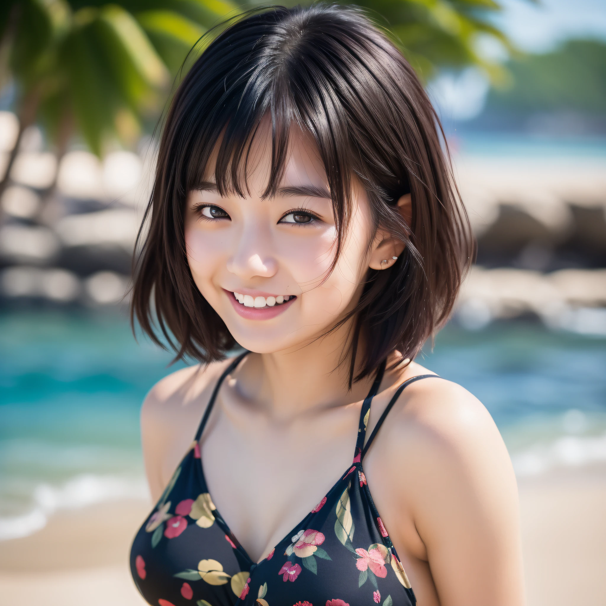 ((Best Quality, 8K)), Beach, 1girl, 18 years old, cute, Japan, black hair, short hair, no makeup, realistic skin, laughing mouth, detailed eyes, bikini, background blur