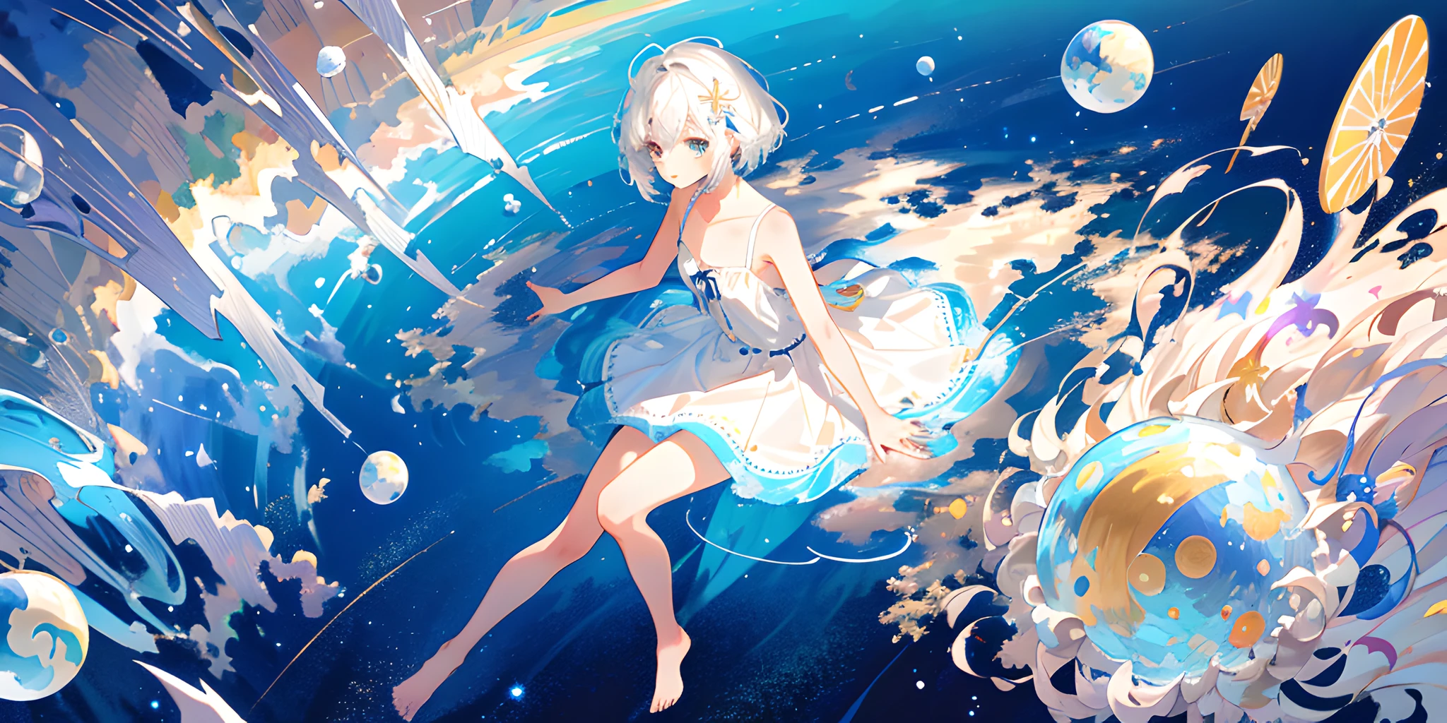 (Masterpiece, Best Quality: 1.2), (Super Detailed), (Illustration), Wallpaper, Original, 1girl, Messy White Hair, Thin Shoulder Straps, White Skirt, Bare Legs, Barefoot, Bare Arms, Space, Earth Background, Near-Earth Orbit, Full Body, (Surrounded by Colored Splashes and Dots), Colored Bubbles, (Shiny)