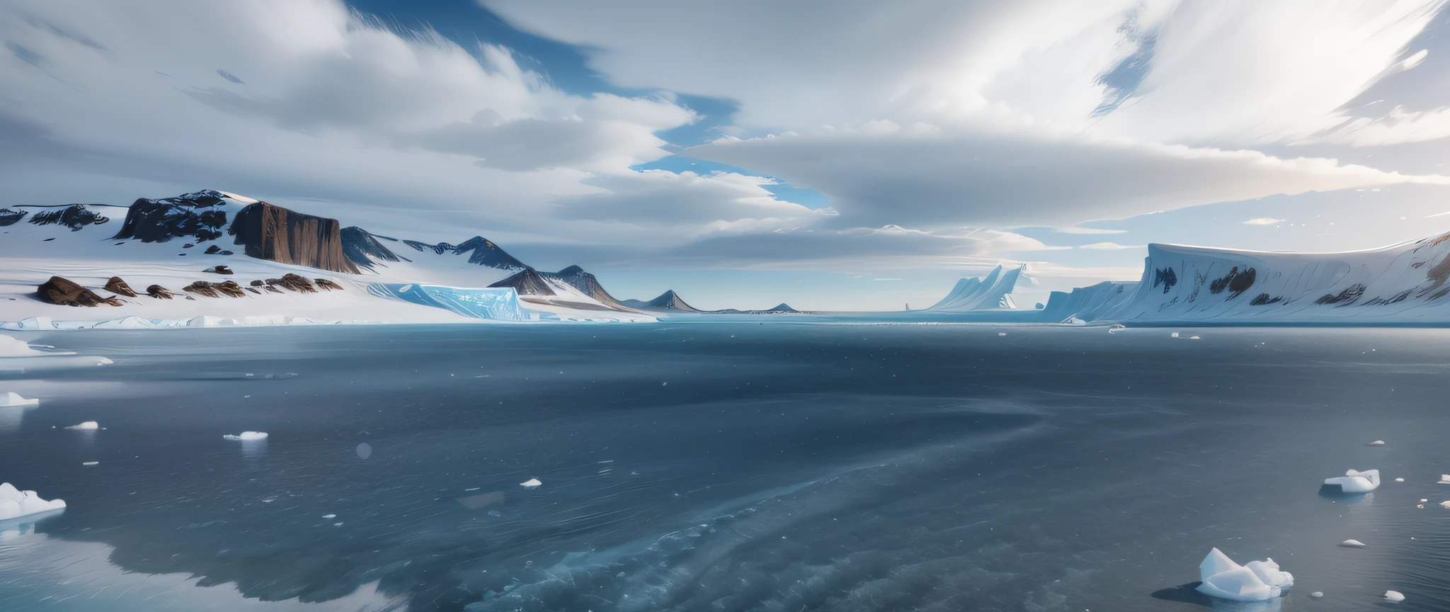 Clear water, flat ice floes, blue gradient water, cartoon style, realistic elements, ray tracing, soft light, distant cartoon icebergs, Antarctic mountains --s --auto --s2