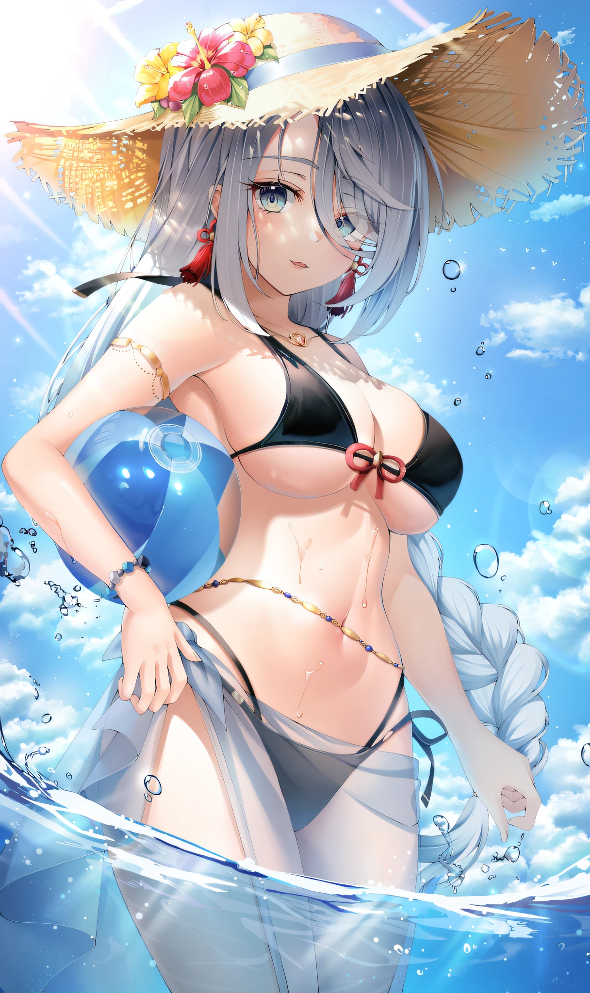 anime girl in bikini with straw hat and flower in water, kantai collection style, pixiv 3dcg, swimsuit, rem rezero, azur lane style, realistic bikini, white haired deity, , pixiv, attire: bikini, top rated on pixiv, [ 4 k digital art ]!!, pixiv contest winner, wallpaper anime blue water