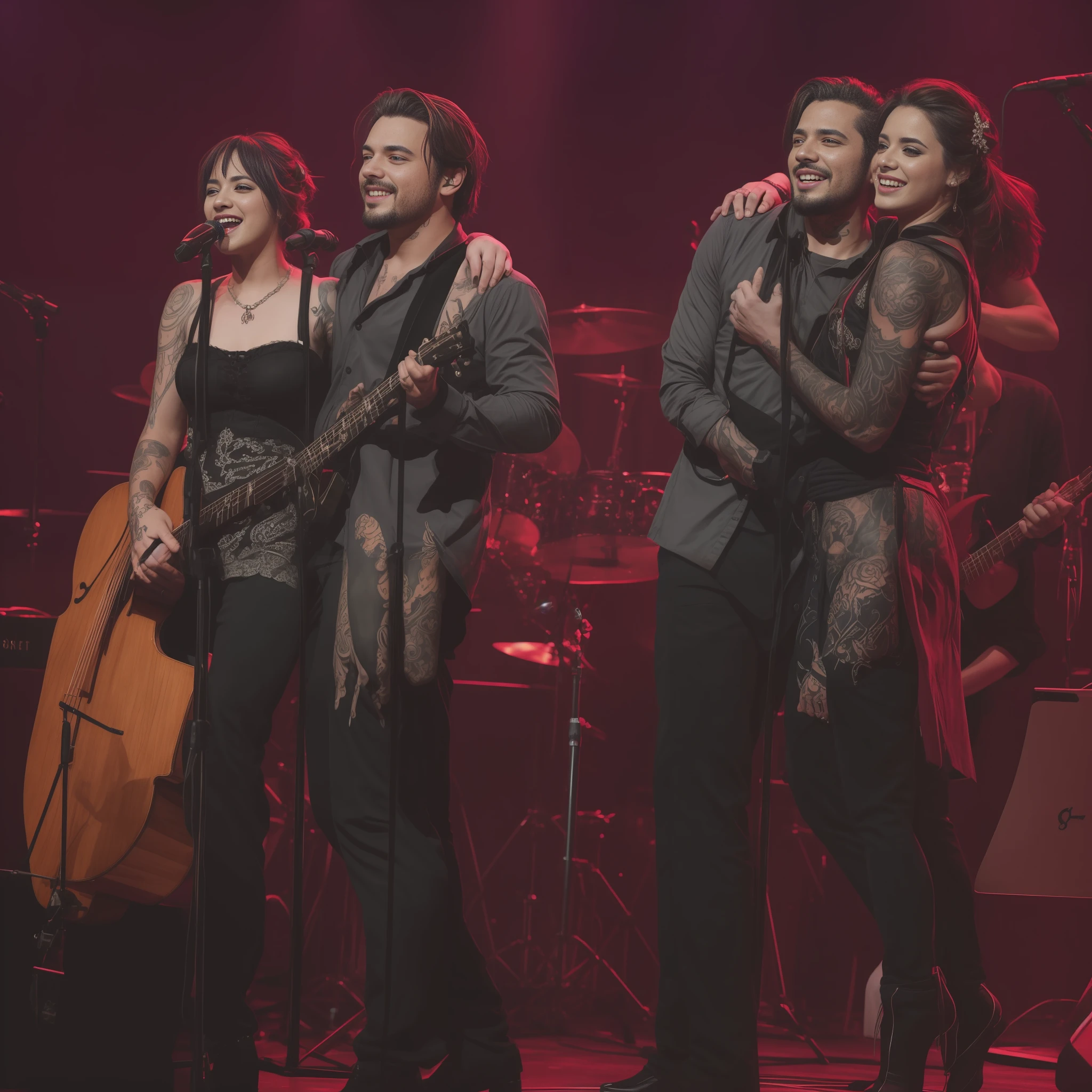 Couple embraced on musical stage man with tattoo on hands and neck HD