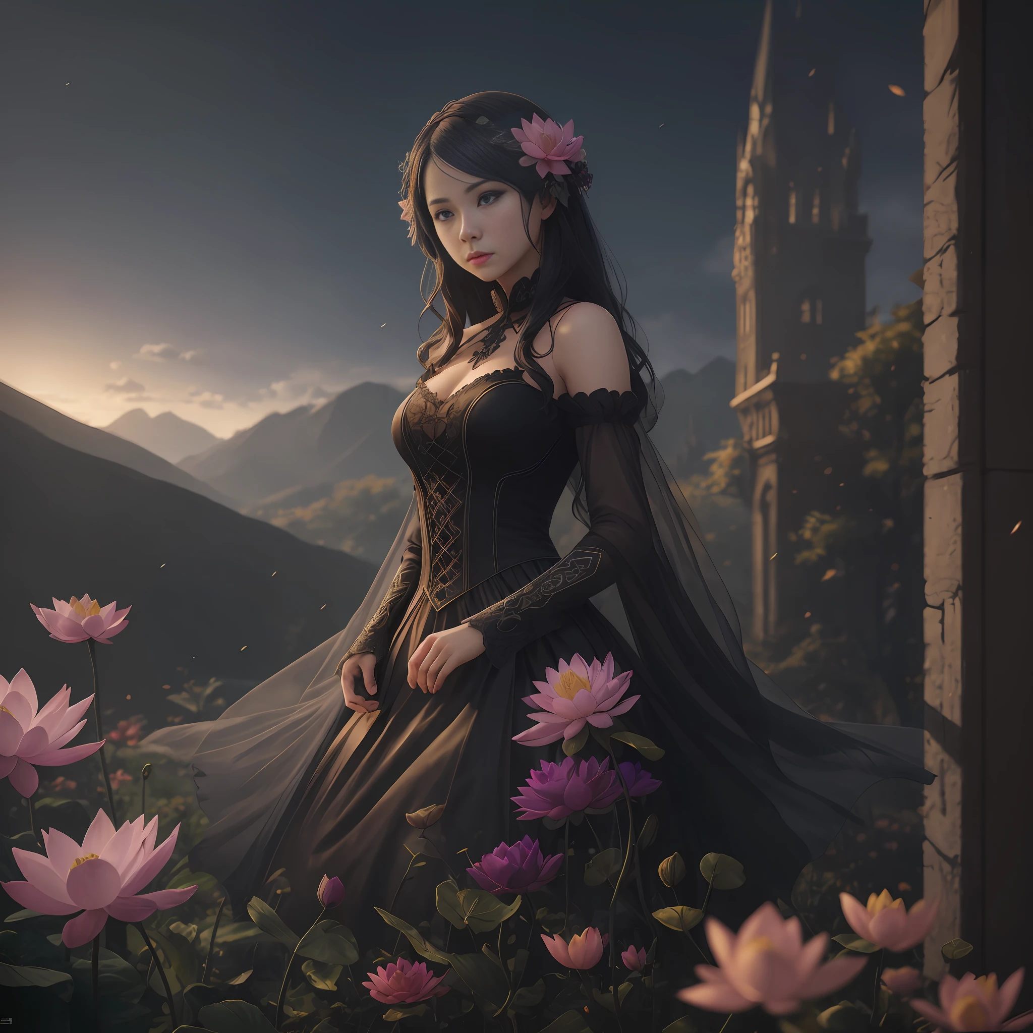 A flower by Kathy Weldon, Olga Kwasa, Miho Hirano, Ultra-detailed complex Gothic art trends on Artstation Ternary Color Unreal Engine 5 Detailed matte painting in Unreal Engine 5, brunet, Dreamlike, complexly detailed, Start screen, complementary colors, fantasy concept art, 8k resolution, A masterpiece of Gothic deviation art, (Dark lens: 0.9), art by Greg Rutkowski and Artgerm, Soft cinematic light, Adobe Lightroom, photolab, HDR, sophisticated, highlydetailed, lotus --auto --s2