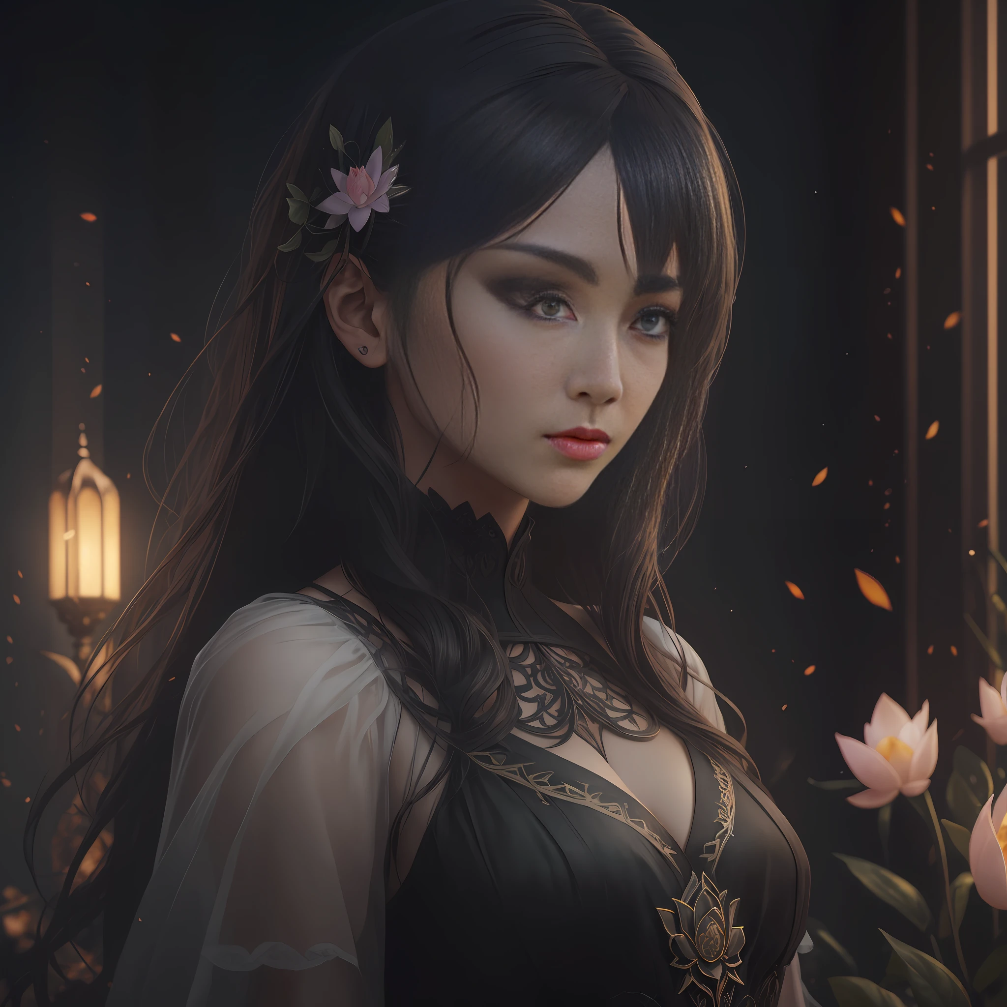 A flower by Kathy Weldon, Olga Kwasa, Miho Hirano, Ultra-detailed complex Gothic art trends on Artstation Ternary Color Unreal Engine 5 Detailed matte painting in Unreal Engine 5, brunet, Dreamlike, complexly detailed, Start screen, complementary colors, fantasy concept art, 8k resolution, A masterpiece of Gothic deviation art, (Dark lens: 0.9), art by Greg Rutkowski and Artgerm, Soft cinematic light, Adobe Lightroom, photolab, HDR, sophisticated, highlydetailed, lotus --auto --s2