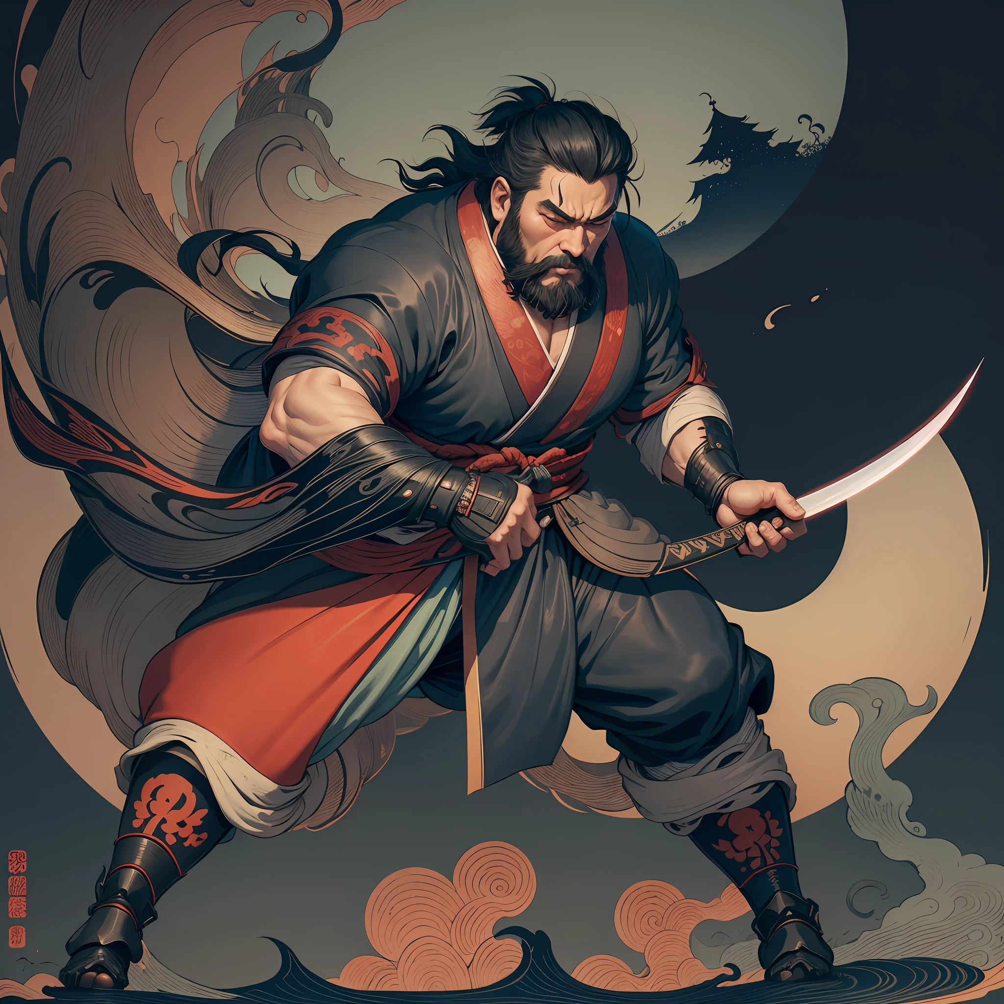 It is a full-body painting with natural colors in the style of ukiyo-e. Miyamoto Musashi is a Japan samurai with a large body like a strongman. He has a rough face, short black hair, and a short, trimmed beard. He is a righteous samurai who fights evil. He wears a black kimono. The hakama should be a little longer and draw in a flowing shape that flutters in the wind. He holds a sword in his right hand with flames coming out of his Japan sword. The background is a swirling flame in Katsushika Hokusai style. Masterpiece high-resolution ukiyo-e style, with the highest quality --auto --s2