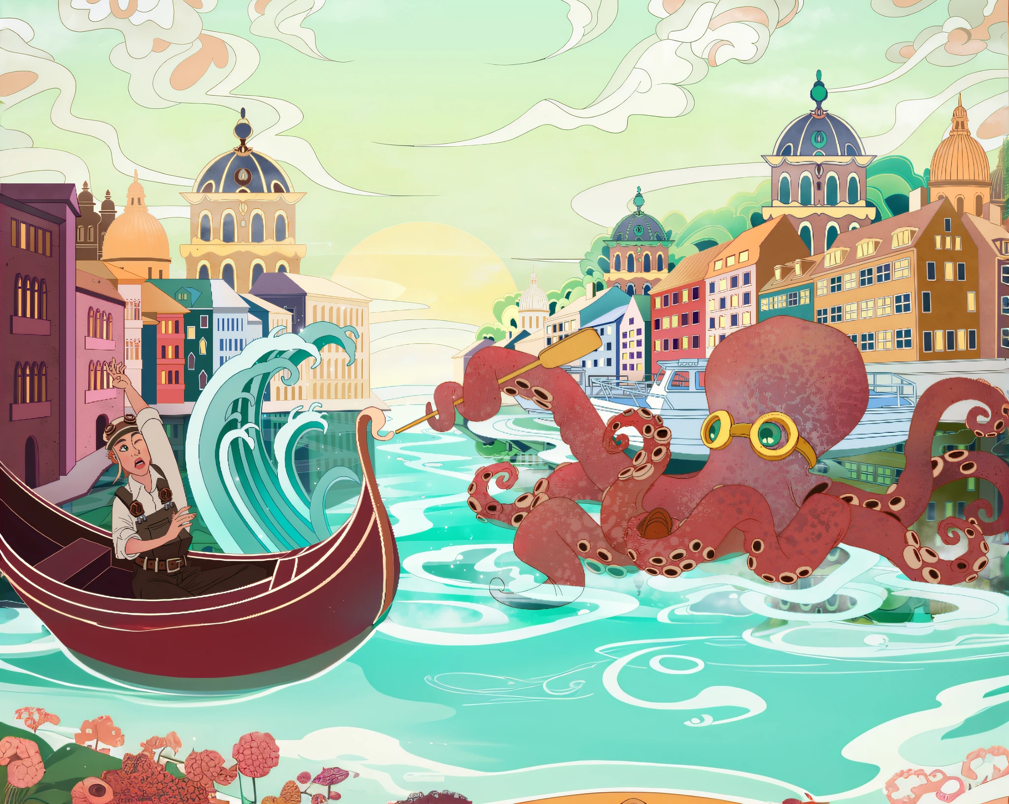 there is a cartoon picture of a man in a boat with octopuses, stylized digital illustration, a beautiful artwork illustration, renaissance port city background, anthropomorphic octopus, giant squids battling in the sky, an octopus'garden, giant octopus, full color illustration, botticelli and victo ngai, official illustration