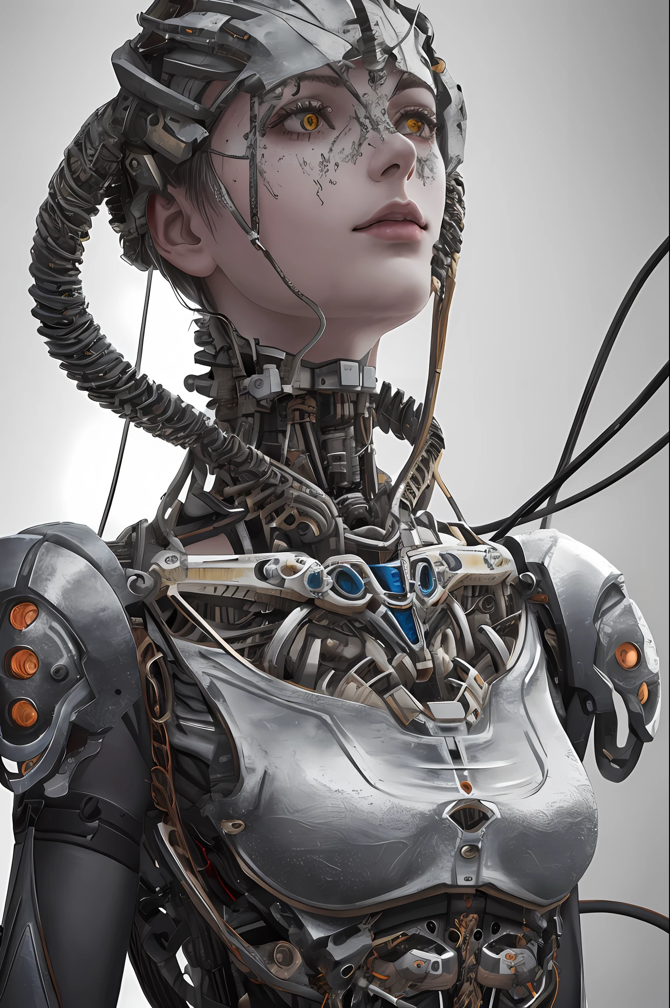 1mechanical girl,((ultra realistic details)), portrait, global illumination, shadows, octane render, 8k, ultra sharp,metal,intricate, ornaments detailed, cold colors, egypician detail, highly intricate details, realistic light, trending on cgsociety, glowing eyes, facing camera, neon details, machanical limbs,blood vessels connected to tubes,mechanical vertebra attaching to back,mechanical cervial attaching to neck,sitting,wires and cables connecting to head