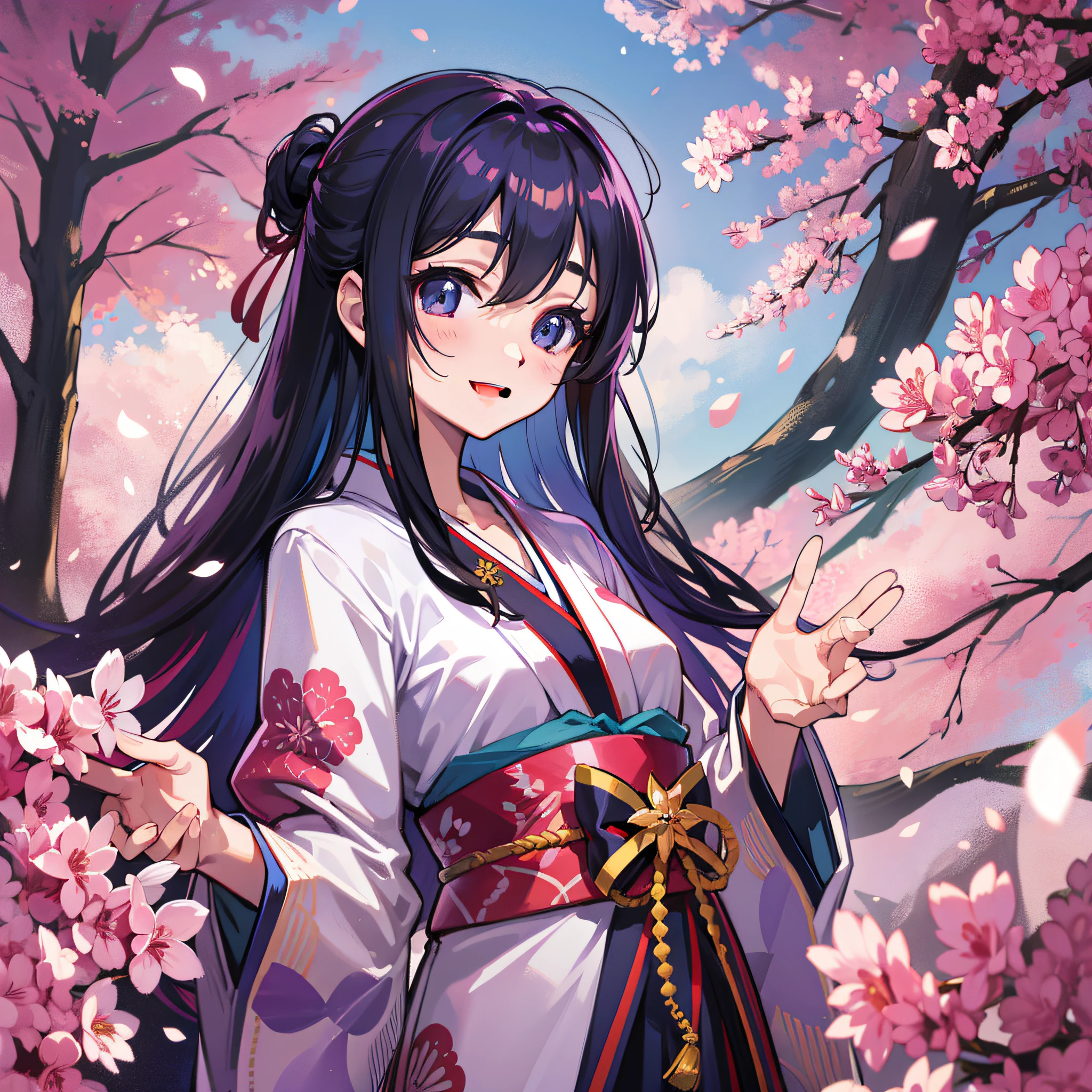 ((Best Quality, 8K,)) Woman 1 Double Eyelids Beautiful Eyes Smile Princess Long Hair Knight Kimono Beauty Aya Ueto Background Sakura