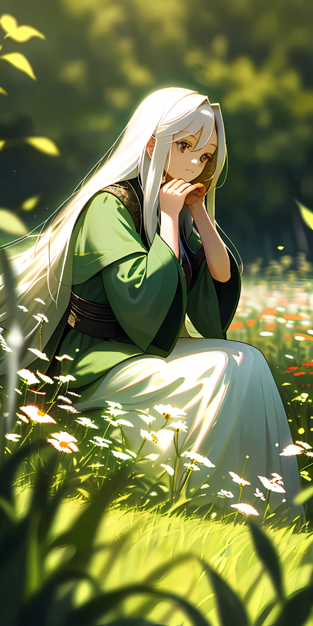 (Masterpiece, best quality), 1 with long white hair sitting in a field of greenery and flowers, her hands under her chin, warm light, blurred foreground