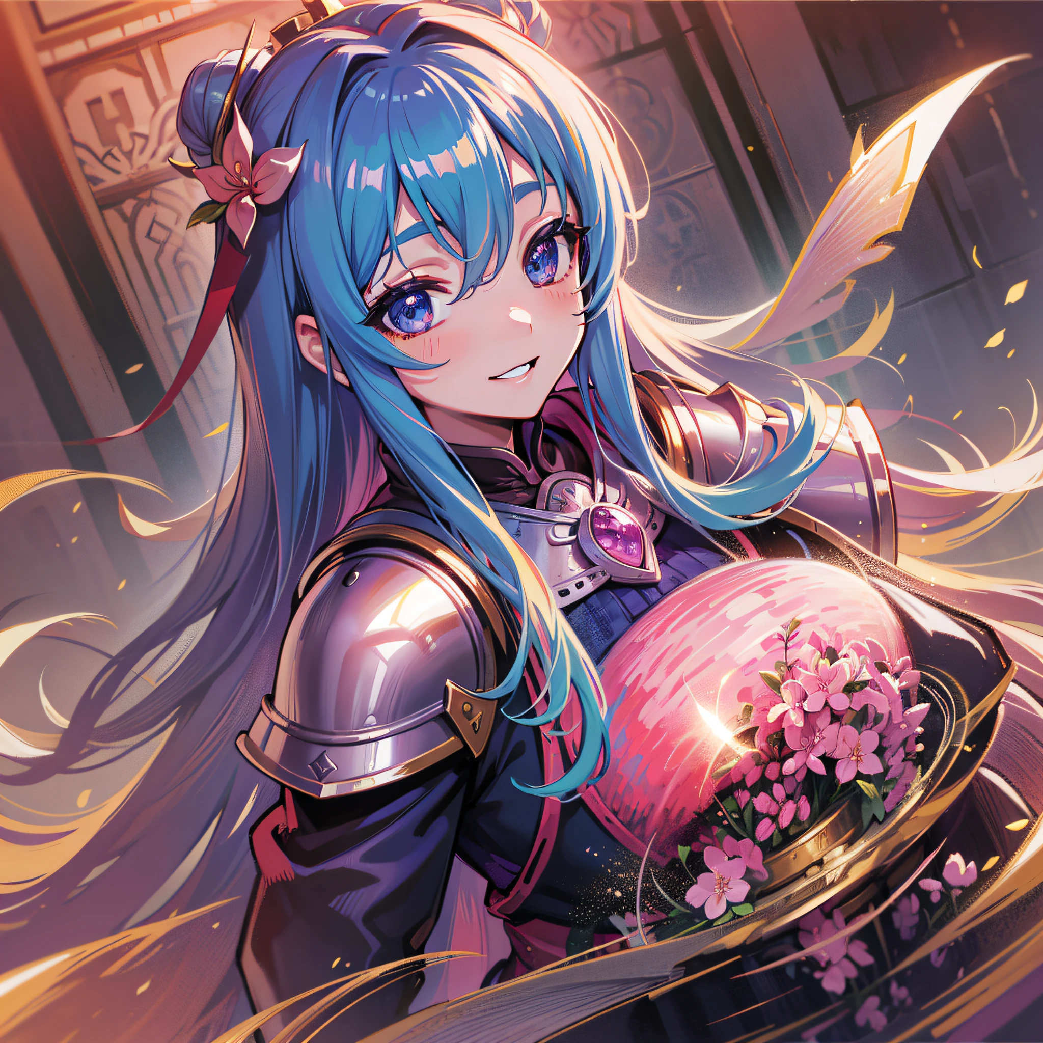 ((Best Quality, 8K,)) Woman 1 Double Eyelids Beautiful Eyes Smile Princess Long Hair Knight Armor Beauty Aya Ueto Background Sakura