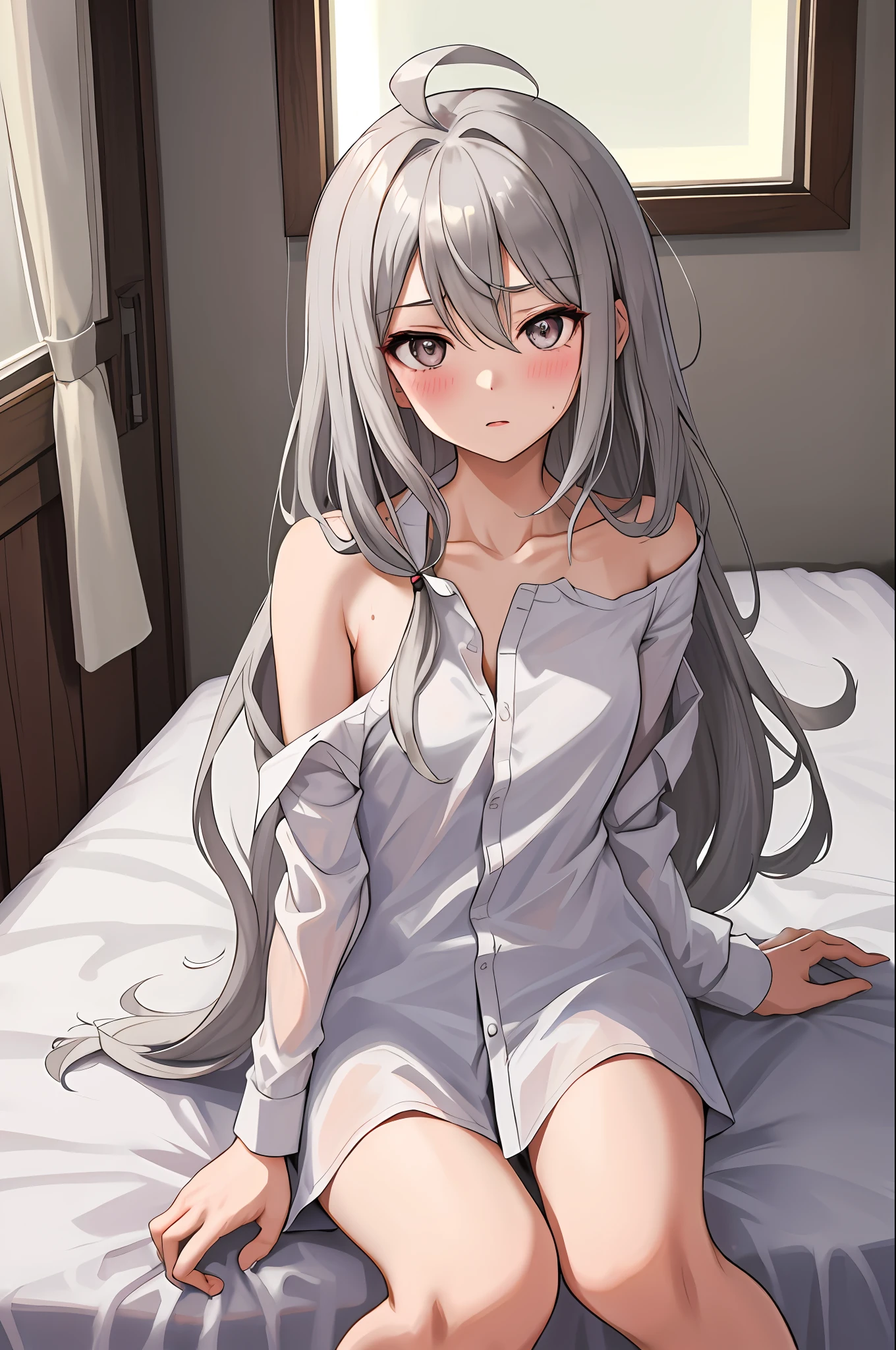 masterpiece, top quality, high resolution, 1 girl, solo, small, long hair, gray eyes, gray hair, ahoge, bangs, hair between eyes, floating hair, (naked oversized shirt), shirt pulling, bare shoulders, sitting on bed, blush, sweat