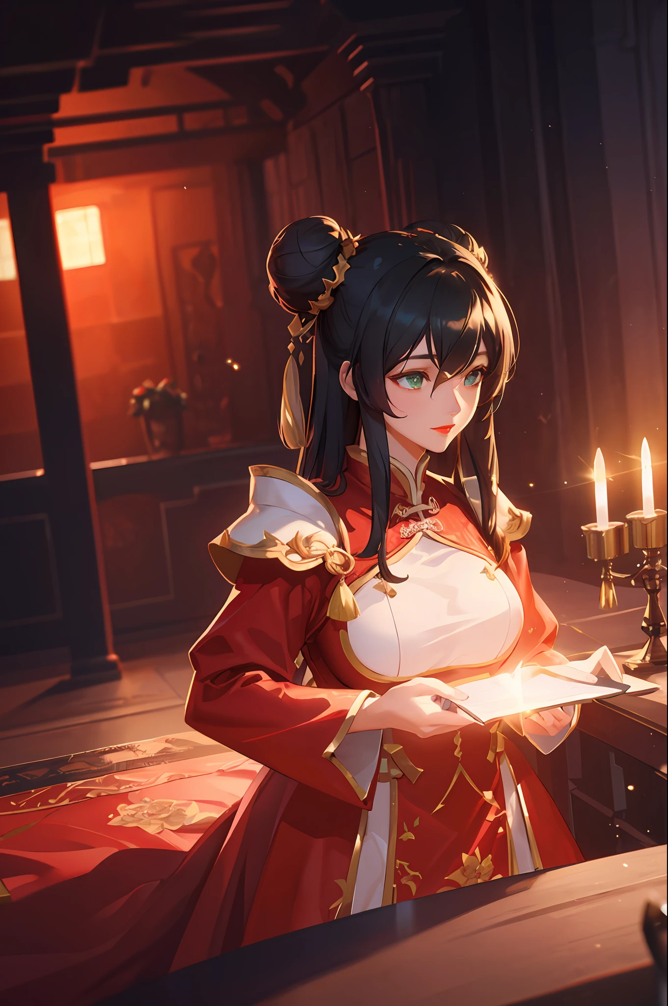 A Chinese costume beauty, (red costume wedding dress: 1.4), (cave house flower candle night: 1.4), (red lips: 1.4), (long black hair, bun: 1.5), green eyes, HDR (high dynamic range), ray tracing, NVIDIA RTX, super resolution, Unreal 5, subsurface scattering, PBR textures, post-processing, anisotropic filtering, depth of field ,maximum sharpness and sharpness, multi-layer textures, albedo and highlight maps, surface shading, accurate simulation of light-material interactions, octane rendering, duotone lighting, low ISO, white balance, rule of thirds, large aperture, 8K RAW, efficient sub-pixel, subpixel convolution, (luminous particles: 1.4), {{masterpiece, best quality, extremely detailed CG, Unity 8k wallpaper, 3D, cinematic lighting, lens flare}},