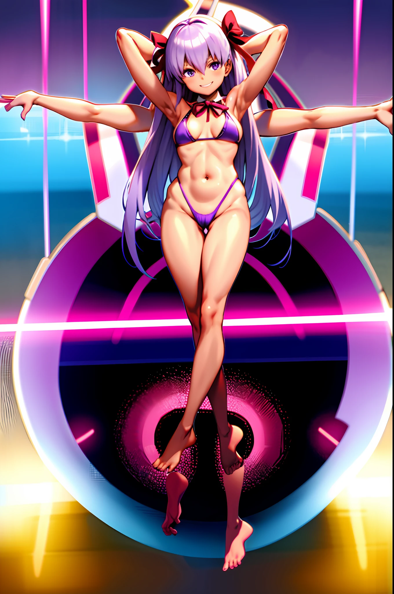 summer bb, fgo, (dark-skinned female, gyaru:1.1), solo, smile, purple eyes, long hair, purple hair, red hair bow, neck ribbon, slingshot ??????, white gloves, barefeet, loli, squatting, arms behind head, armpits, pov, ????????, small ???????, small body