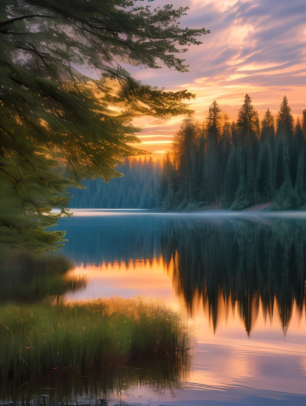 wallpaper, summer, lake, dawn, forest, detailed forest, clouds, masterpiece, cinematic, soft light, depth of field, ray tracing, reflection in water, realism, ulra detailed,