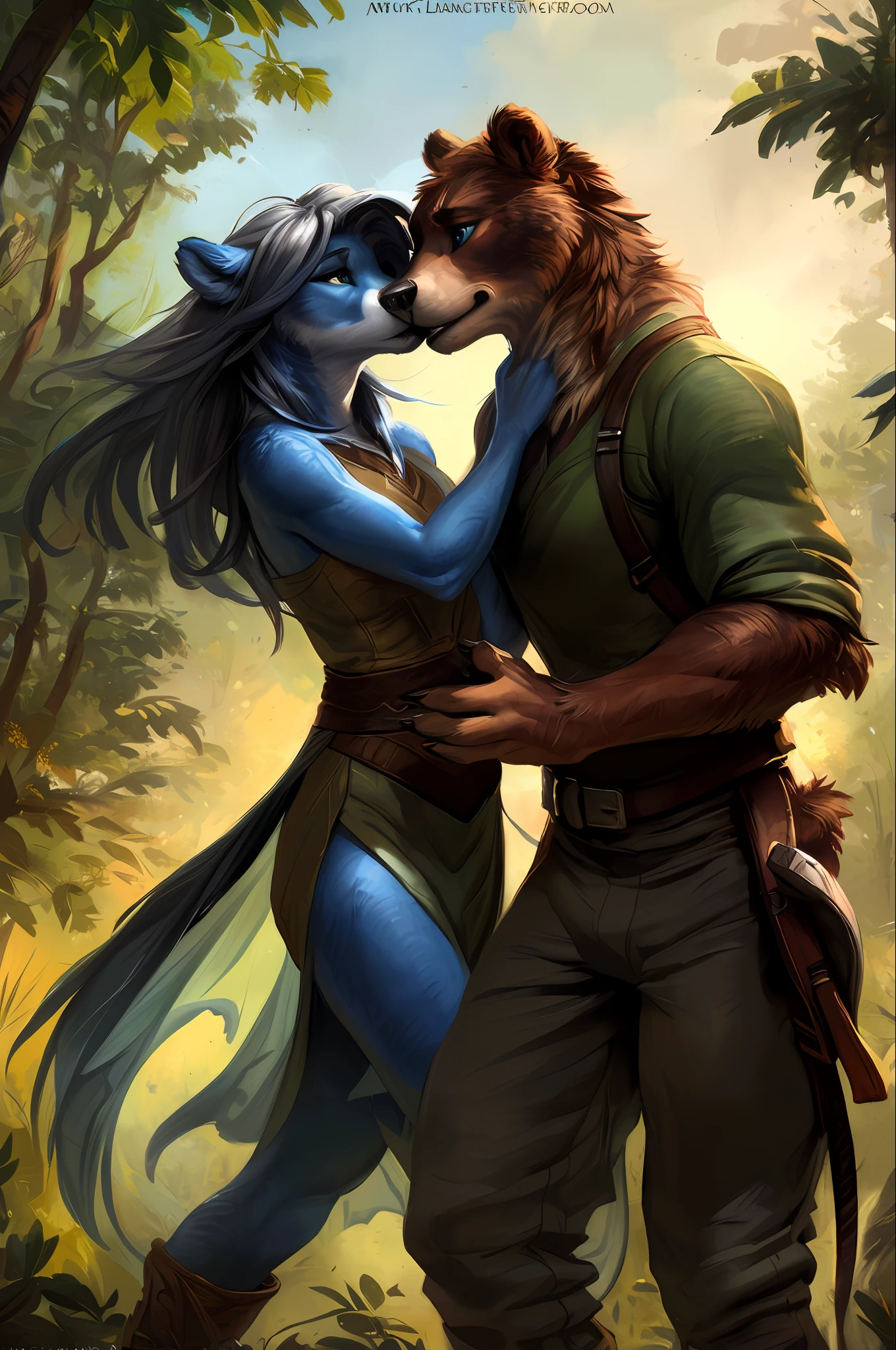kenket, ross tran, ruan jia, bonifasko, a male bear made out of (wandering ranger), heterosexual, azure eyes, gray mane of hairs, fantasy portrait, finely detailed brown tunic, intricate design, double blades, silk, cinematic lighting, 4k,