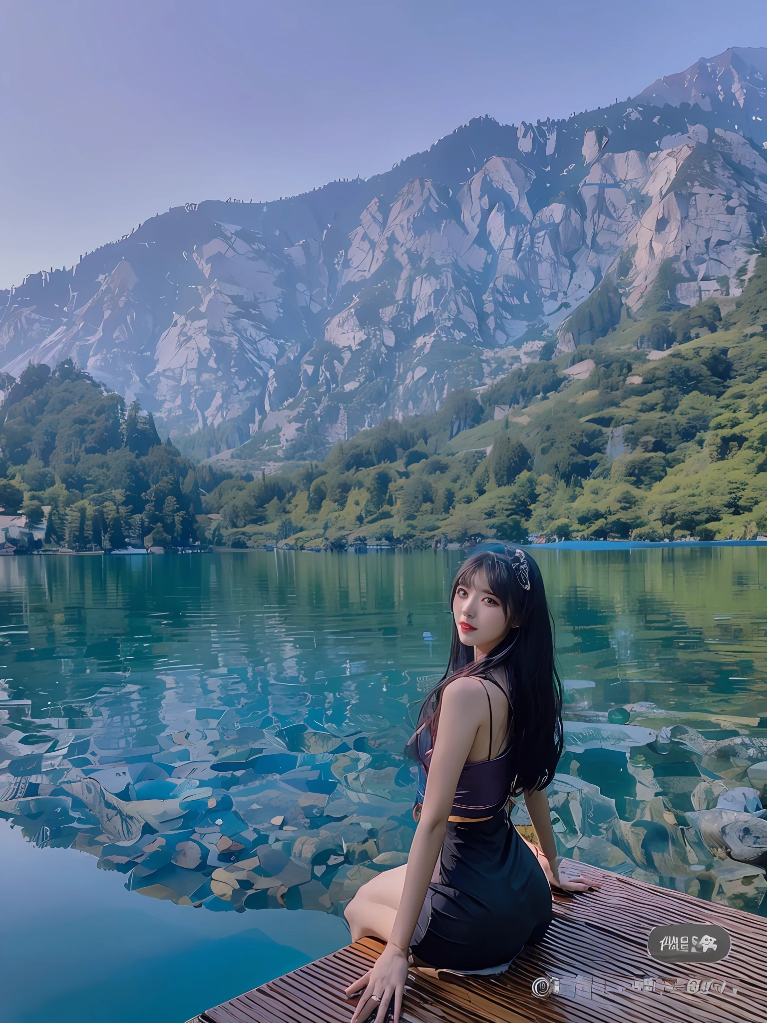 arafed woman sitting on a dock near a lake with a mountain in the background, xintong chen, wenfei ye, in lake, yanjun chengt, lake in the background, li zixin, wenjun lin, chengyou liu, sitting in front of a lake, beautiful lake, xue han, louise zhang, qifeng lin, lakeside mountains