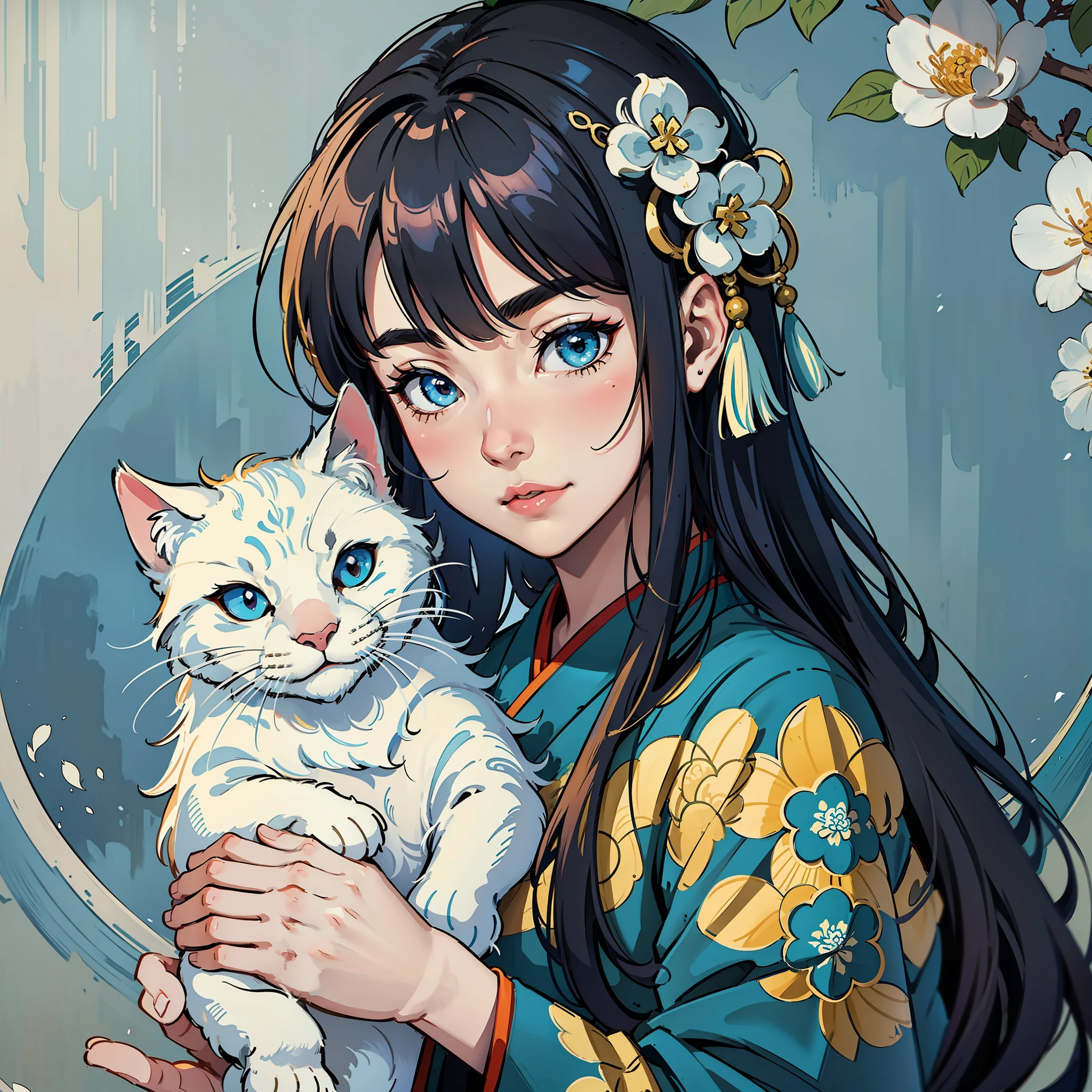 Style Wu Guanzhong, Chinese ink painting, meticulous fine brushwork, TangDynasty style, A very beautiful ancient girl holding a cute White Cat, The background is blue flower cluster flowers,with a good-looking face,Beguiling Smize , portrait face close-up, Wearing ancient Chinese Color clothing, 8K --ar 9:13 --auto --s2
