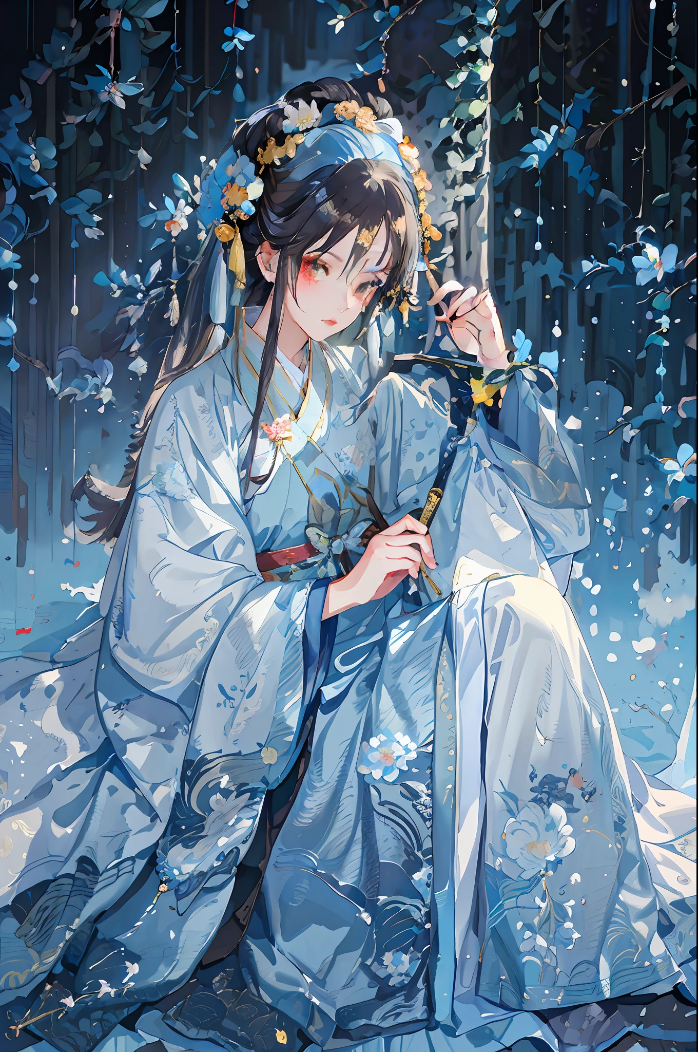 anime girl in a blue kimono with a sword and flowers, palace ， a girl in hanfu, guweiz, artwork in the style of guweiz, guweiz on pixiv artstation, hanfu, flowing magical robe, white hanfu, guweiz on artstation pixiv, trending on cgstation, japanese art style, by Yang J