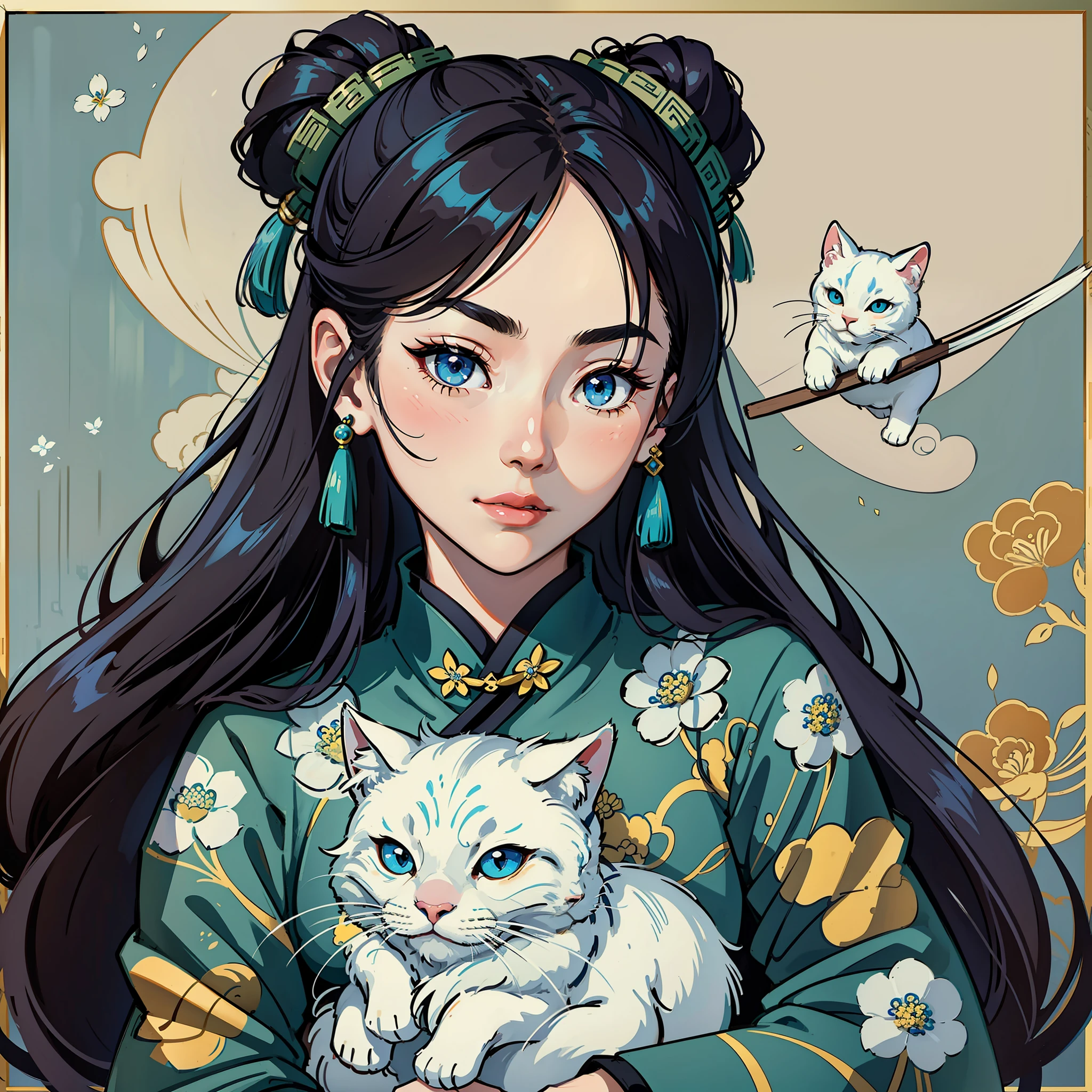 Style Wu Guanzhong, Chinese ink painting, meticulous fine brushwork, TangDynasty style, A very beautiful ancient girl holding a cute White Cat, The background is blue flower cluster flowers,with a good-looking face,Beguiling Smize , portrait face close-up, Wearing ancient Chinese Color clothing, 8K --ar 9:13 --auto --s2