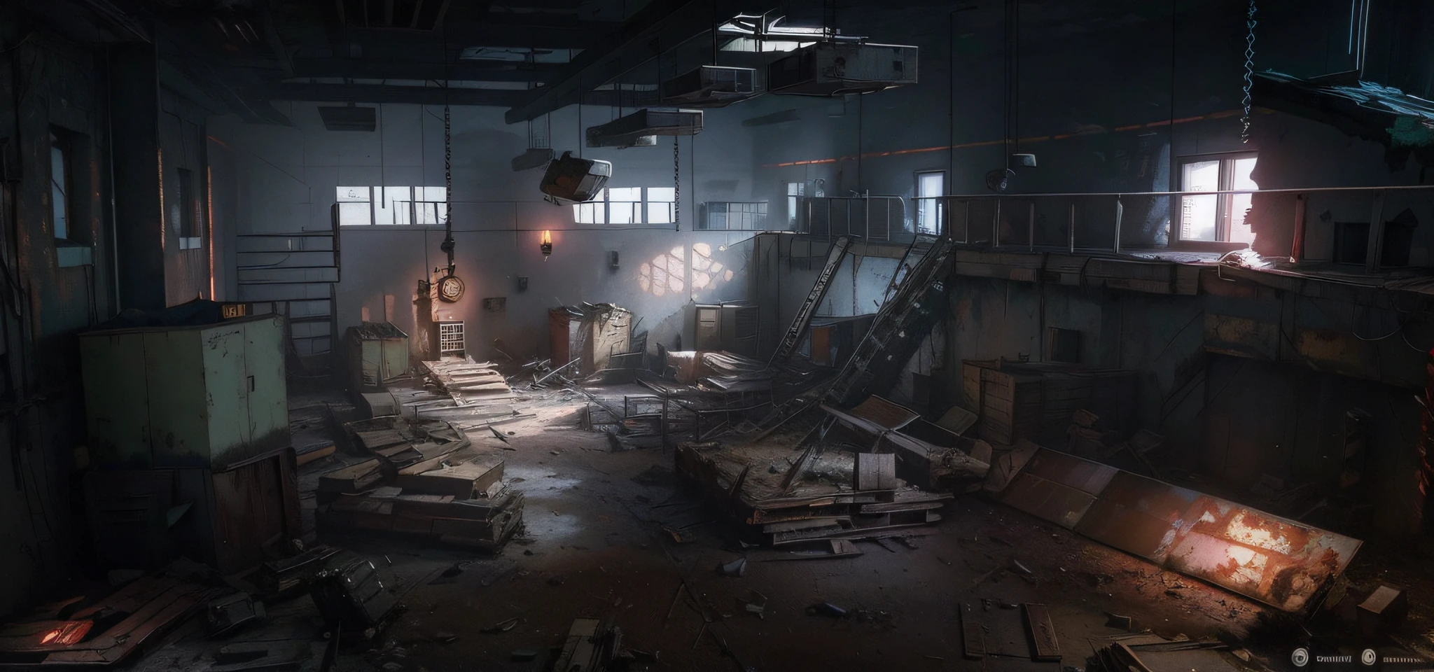 there is a room with a clock and a lot of junk, photorealistic dark concept art, dark abandoned cyberpunk factory, post apocalyptic factory, post apocalyptic setting, fallout environment, unreal engine render concept art, factory background, inspired by Ismail Inceoglu, fallout concept art, james gurney cinematic lighting, [[empty warehouse]] background, detailed textures and lighting