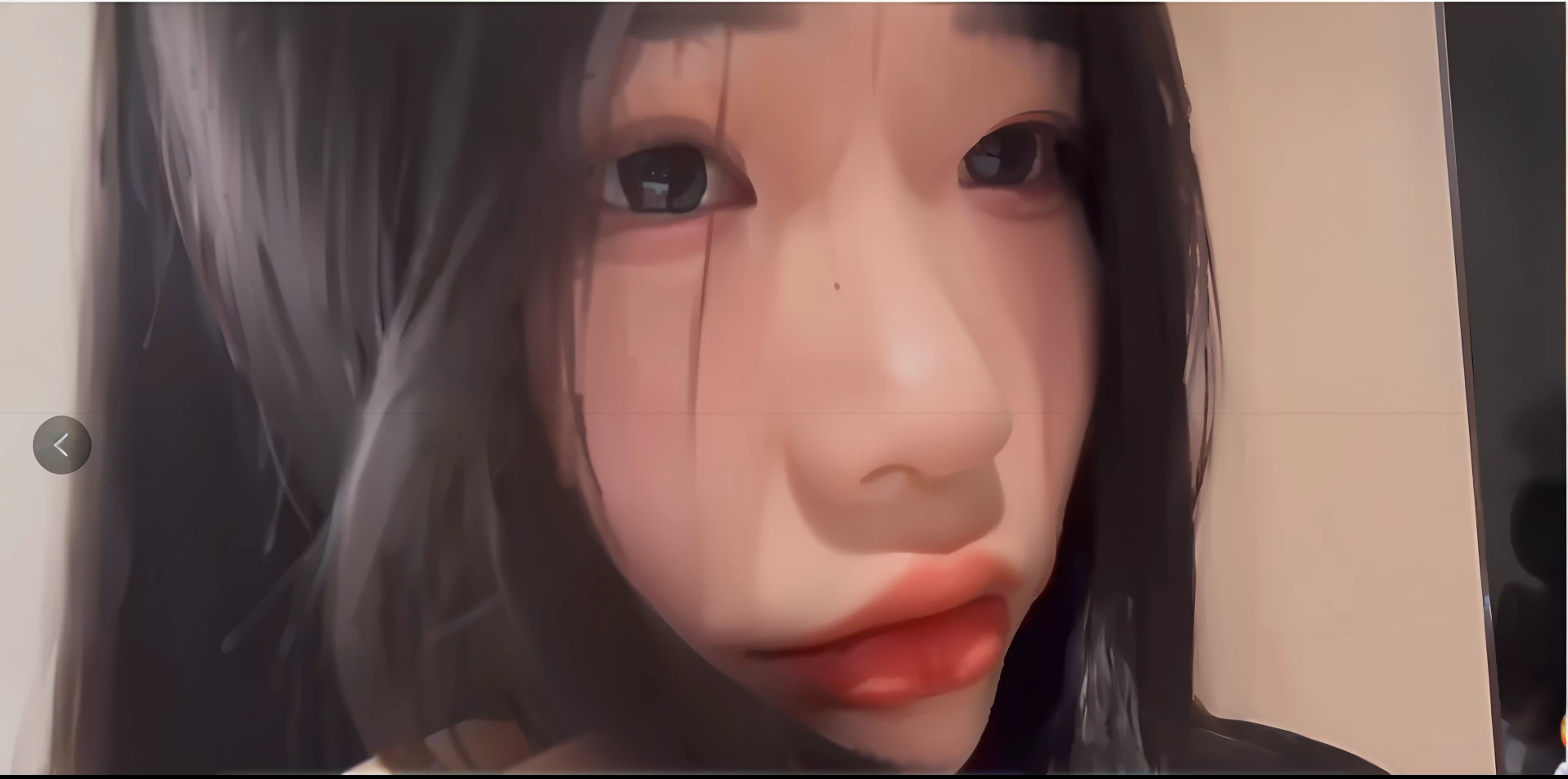 there is a woman with long hair and a red lip, she has a cute face, she has a cute expressive face, asian face, wan adorable korean face, very very low quality, low quality video, young cute wan asian face, zoom in on face, blurry face, busted crushed face, detailed face of a asian girl, she is facing the camera