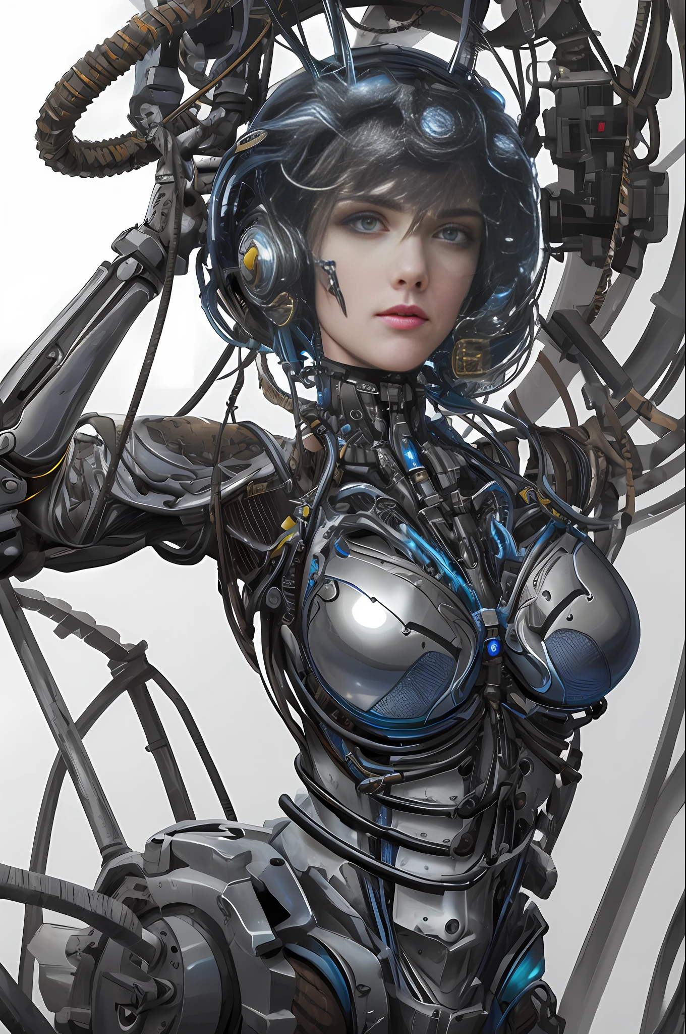 1mechanical girl,((ultra realistic details)), portrait, global illumination, shadows, octane render, 8k, ultra sharp,metal,intricate, ornaments detailed, cold colors, egypician detail, highly intricate details, realistic light, trending on cgsociety, glowing eyes, facing camera, neon details, machanical limbs,blood vessels connected to tubes,mechanical vertebra attaching to back,mechanical cervial attaching to neck,sitting,wires and cables connecting to head