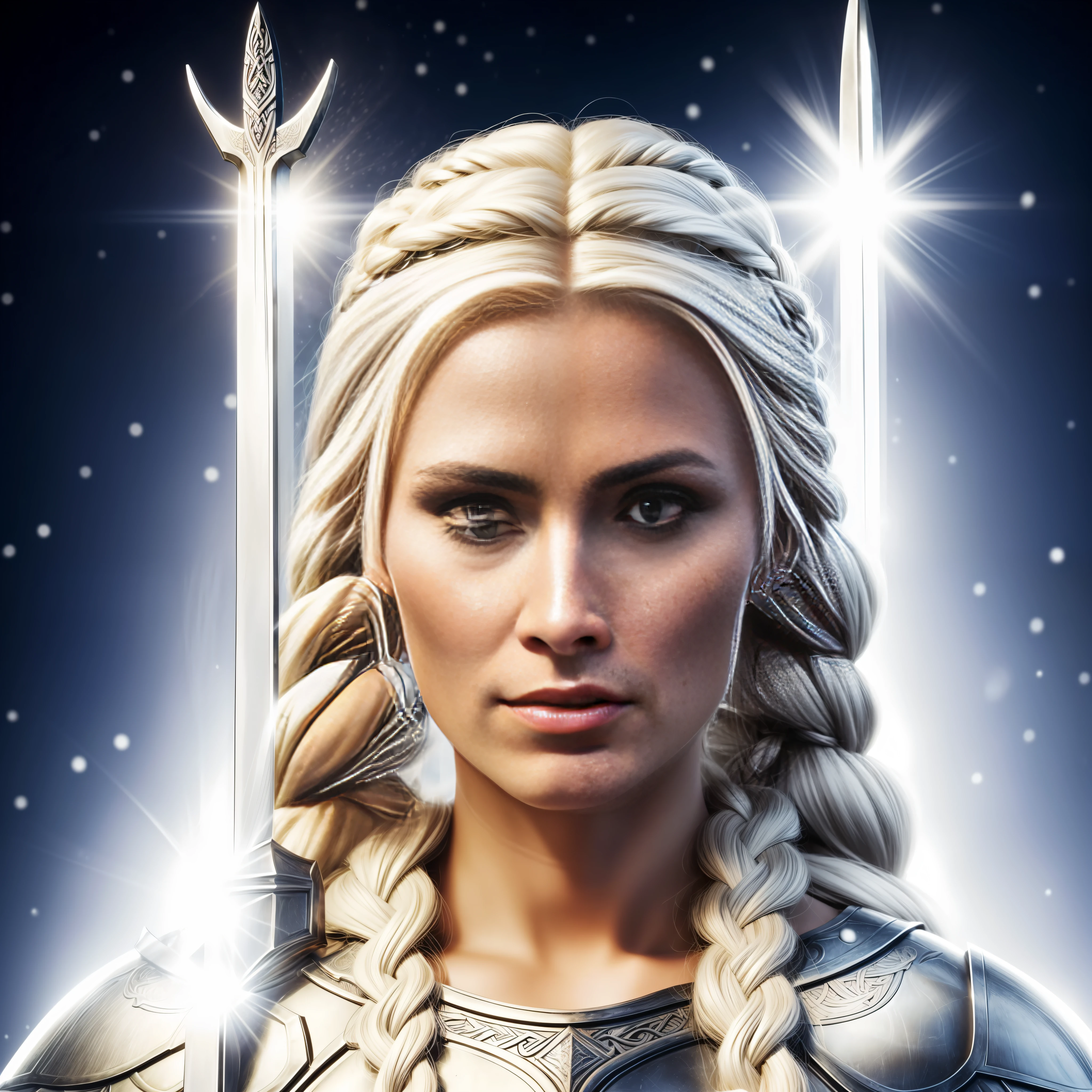 (masterpiece), realistic 35 year old woman, A beautiful, gorgeous, perfect and athletic Nordic warrior goddess Valkyrie, Platinum blonde with braids, snow-white skin, with Viking sword and armor, Wrapped in a glowing spiritual light, with a serious countenance.