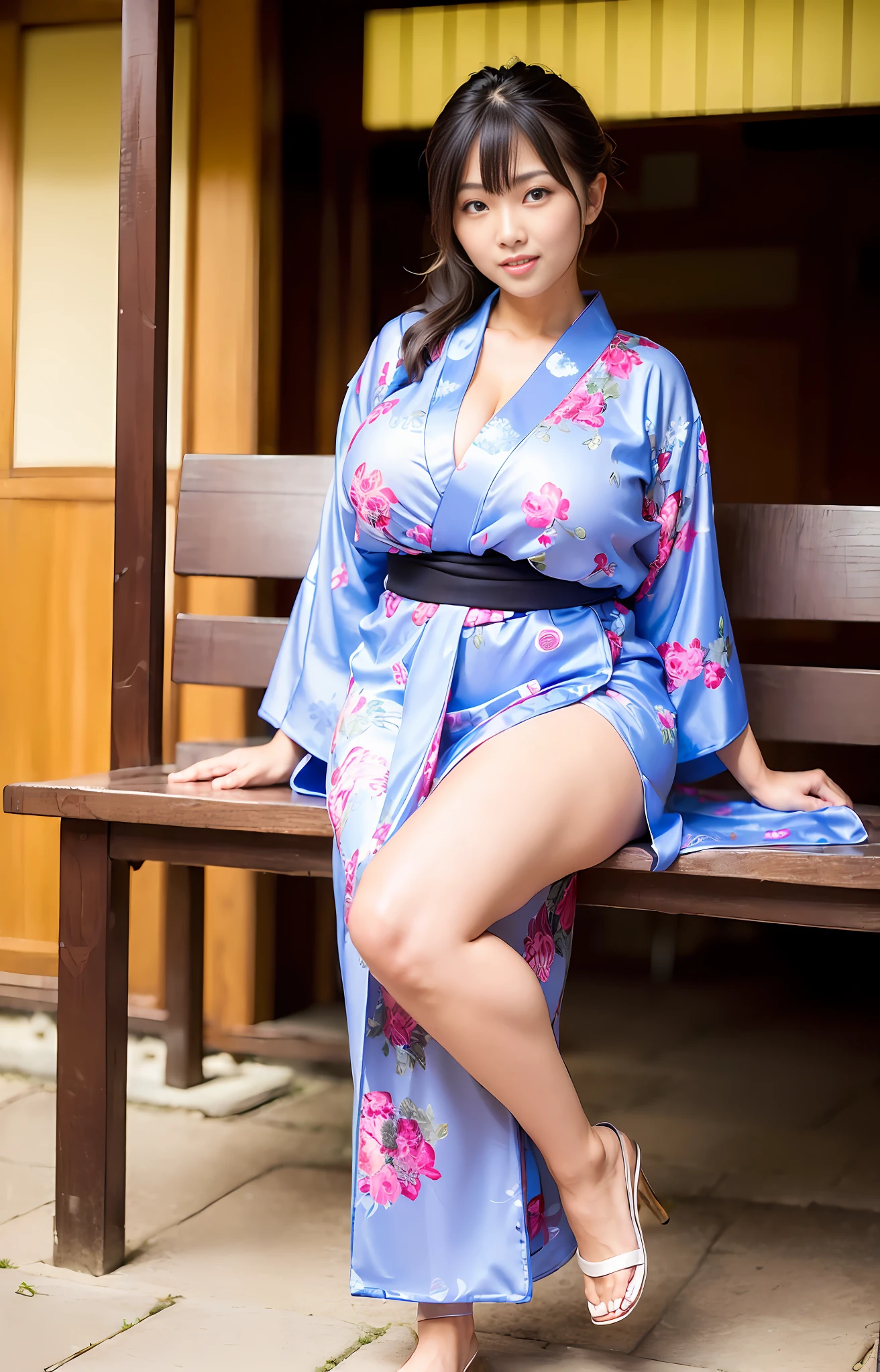 ((Evening night shop)), ((Wearing a yukata)), (((Huge: 1.2))), ((Quality: 8k, Big ass: 1.5)), ((Korean beauty)), ((Arasah: 35 years old)), (Emphasis on cleavage)), (Pose sitting on a bench with legs spread and pants in full view)))),