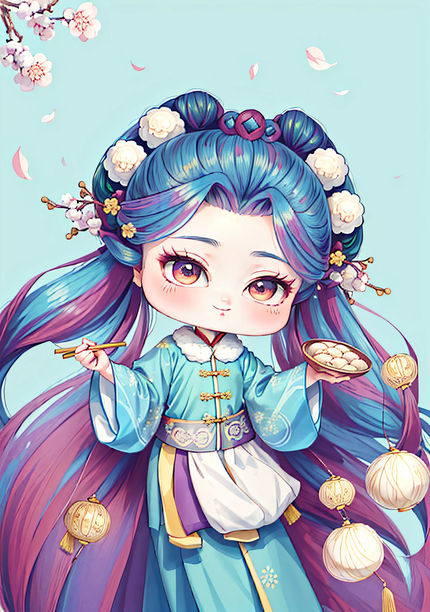 A Chinese girl in Hanfu, holding a plate of dumplings, winter, winter solstice, chopsticks, brown hair, ancient Chinese hair bun, draped hair, pattern, blue-green color matching, hair balls on both sides, some plum blossom hair, bright color blocks, bright colors, line art, infinite details, fine painting, exquisite portrayal, blank background 8k,