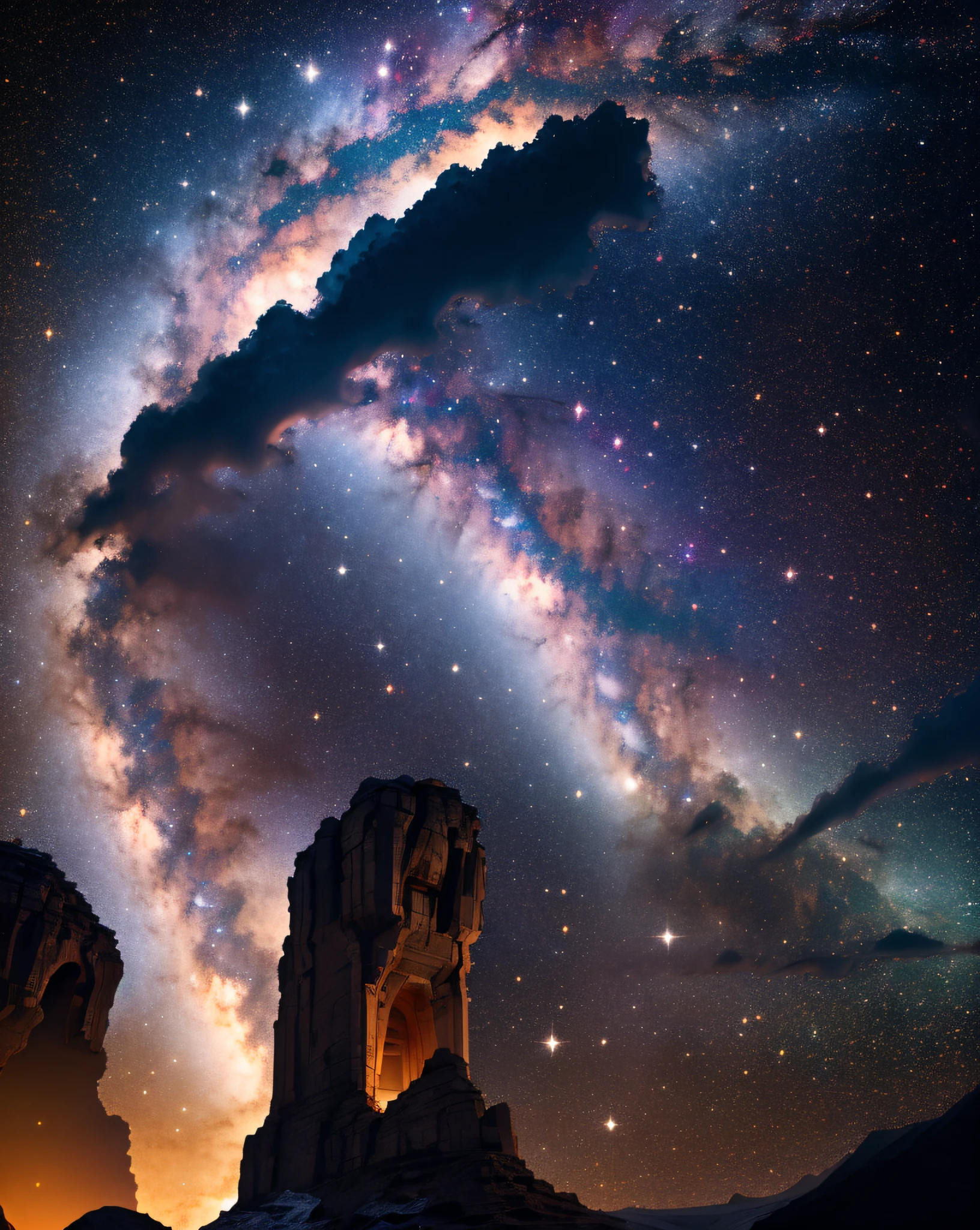 An ancient torii gate floating in an infinite universe. The Milky Way shines like passing through a torii gate. The torii gate is sparsely covered with stars. masterpiece, sharp, ultra detail, 8k,cyberspace soldier, angle view, top quality, dim, (high detail background:1.2),(high detail characters:1.2), dslr, soft lighting, high quality, film grain, fujifilm xt3, intricate detail,