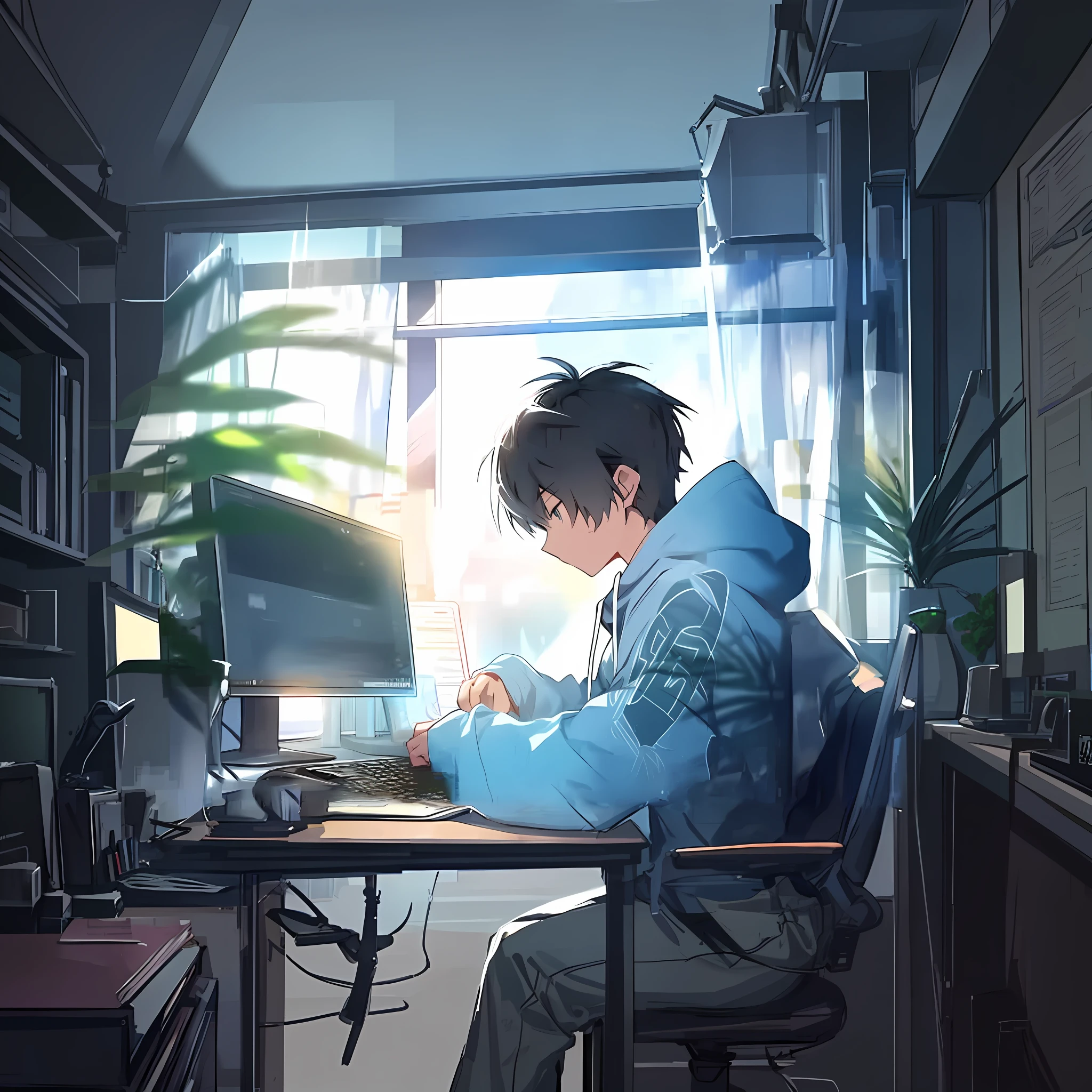 anime boy sitting at a desk with a laptop and a monitor, makoto shinkai style, high quality anime artstyle, makoto shinkai art style, makoto shinkai. —h 2160, guweiz and makoto shinkai, makoto shinkai!, style of makoto shinkai, trying to study, smooth anime cg art