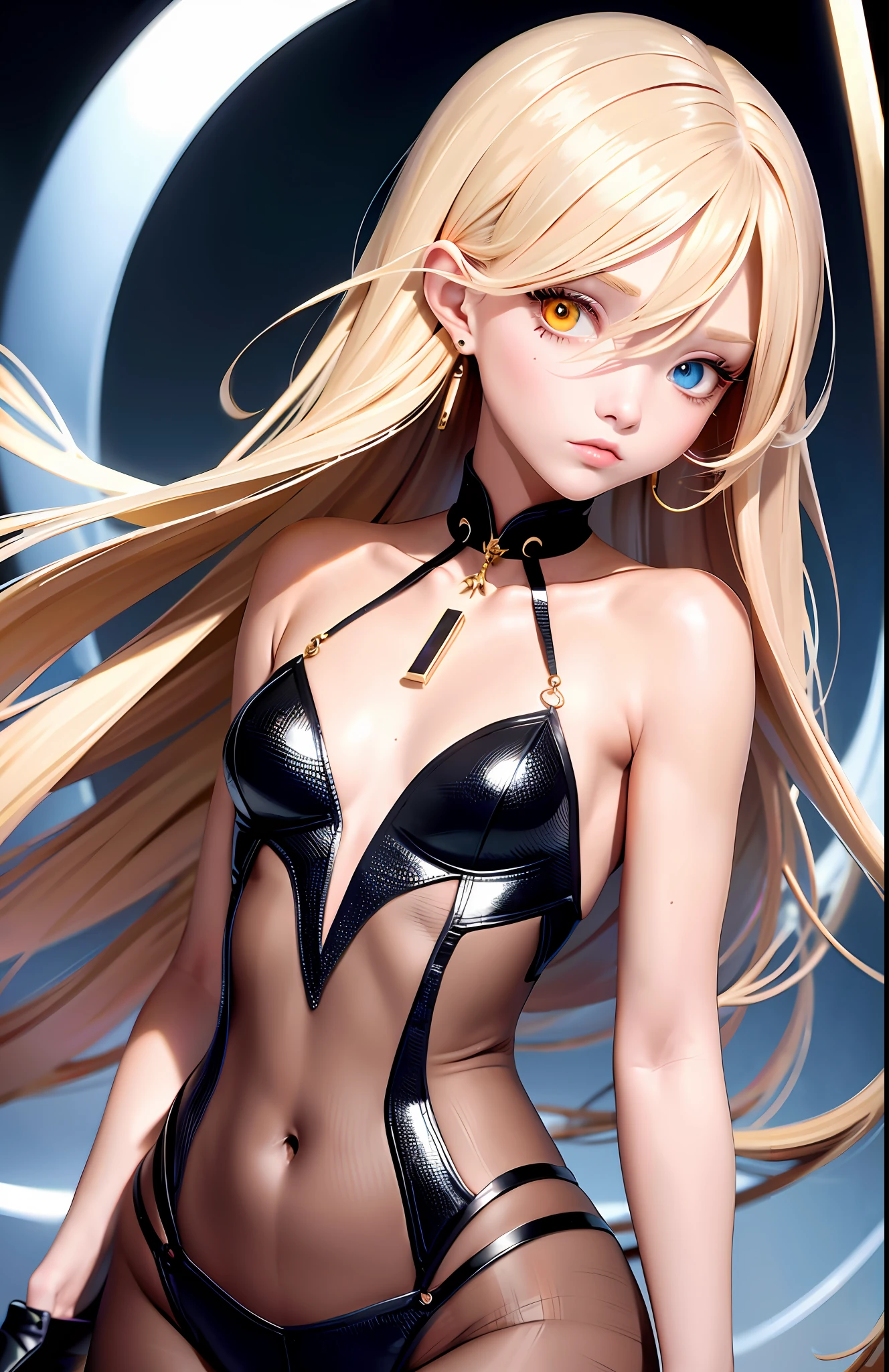 Best, Masterpiece, High Resolution, Best Quality, Ultra HD, Super Detail, Award-Limited, 16k, Solo, (Upper Body), Anatomically Correct, Beautiful Maiden, Cute Face, Highlights, Gradient Beige Hair, Hair Strands, ((Heterochromia)), Long Eyelashes, Hanging Eye Corners, Fair Skin, (Small), (Slim Body), (Cybermade_costume), Stud Earrings, (Neck Rings), Very, Very Short Gloves