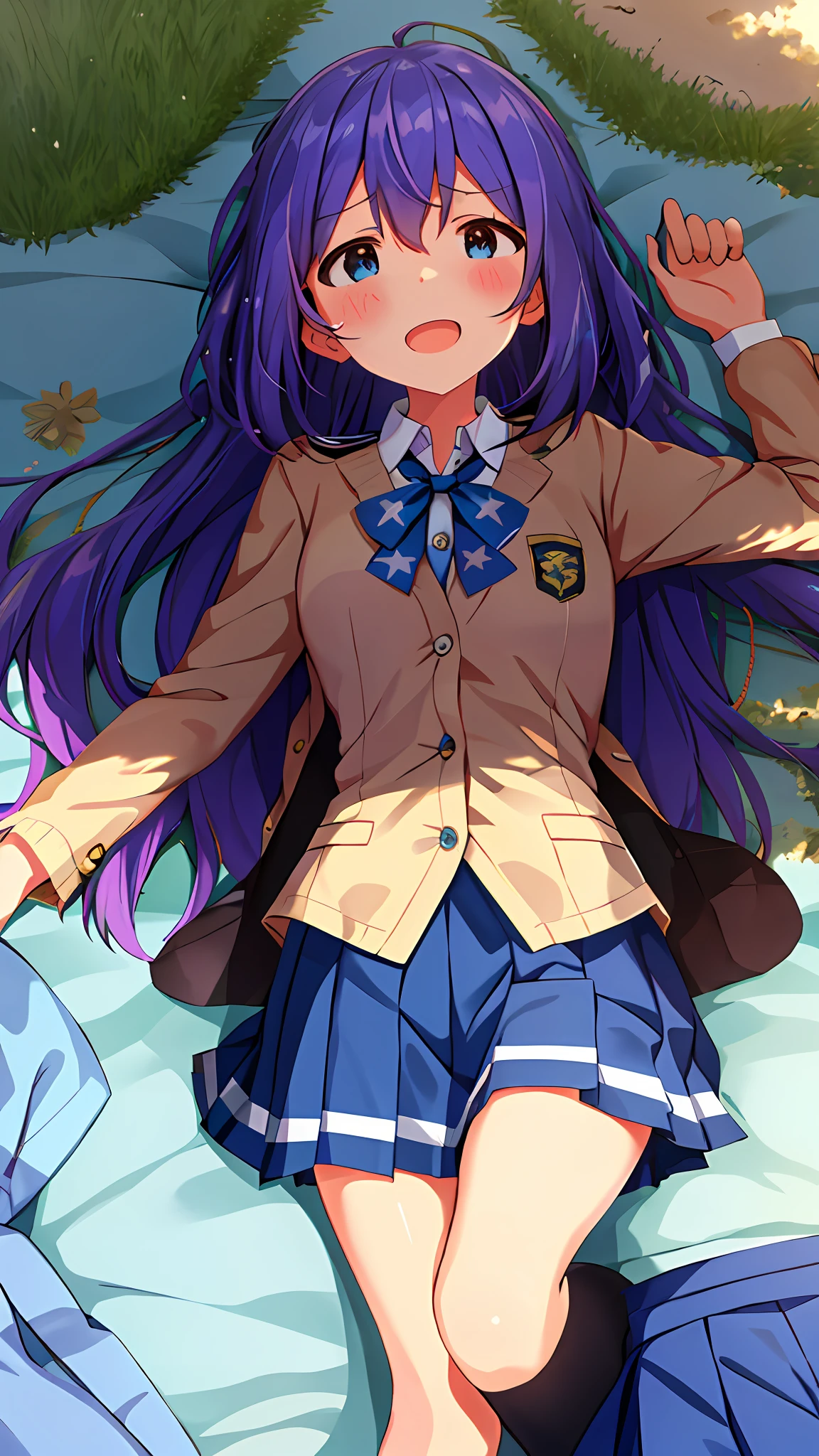 Anna Mochizuki (Million Live), Shiny Trinity \ (Costume), (Best Quality, 8K, Masterpiece, Super Detail: 1.2), Sea, Sun, Mottled Sunlight, Blue Sky, Beautiful Clouds, 1 Girl, Solo, Skirt, Straight Face, Open Mouth, V, Watch Viewer, White Sailor Color, Blue Shirt, Sailor Color, Blue Skirt, Pleated Skirt, Short Sleeve, :d, Shirt, School Uniform, Blush, Serafuk, Clavicle, bow, ribbon, blue bow. (((Outside))). (((fighting stance))).,(((Lying down))).dynamic focus.small breasts.. (((Face of sadness))). Open mouth.Close your eyes.Spread your arms.Ground.Lie on your back.