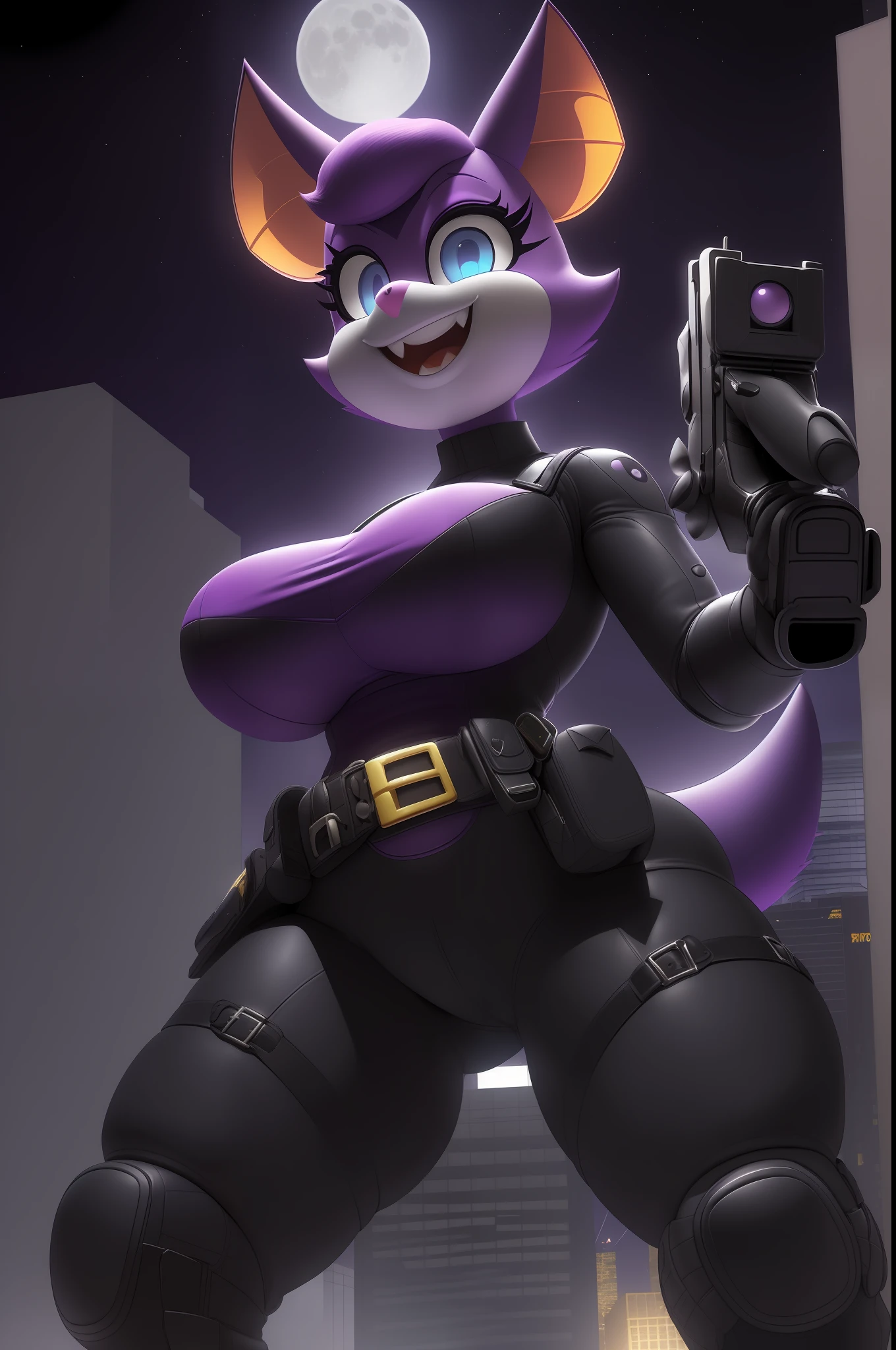 [Sophia_Slam], [Uploaded to e621.net; (vimhomeless), (wamudraws), (Pixelsketcher)], ((beautiful 3D art)), ((masterpiece)), ((front view)), ((solo portrait)), ((1girl)), ((furry; antrho bat girl)), ((detailed fur)), ((raytracing; reflective surfaces)), ((detailed shading)), ((cel shading)), ((dark lighting)), ((ambient lighting)), {anthro; (purple fur, purple snout, pink nose, purple hair bang, (white teeth; cute fang), (cute light blue eyes; looking at viewer)), excited expression; mouth open), (purple body suit; yellow zippers, gold skull buckle, (utility belt; gun holster), (grey boots; grey spikes), purple gloves, dark purple super hero mask, black knee pads, black jacker), curvaceous hips, large boobs, thicc, small bat tail), (4 fingers; black claws)}, (standing; dynamic pose), [background; on top of skyscraper; (city; dark lighting, nighttime, city lights, full moon, starry sky)]