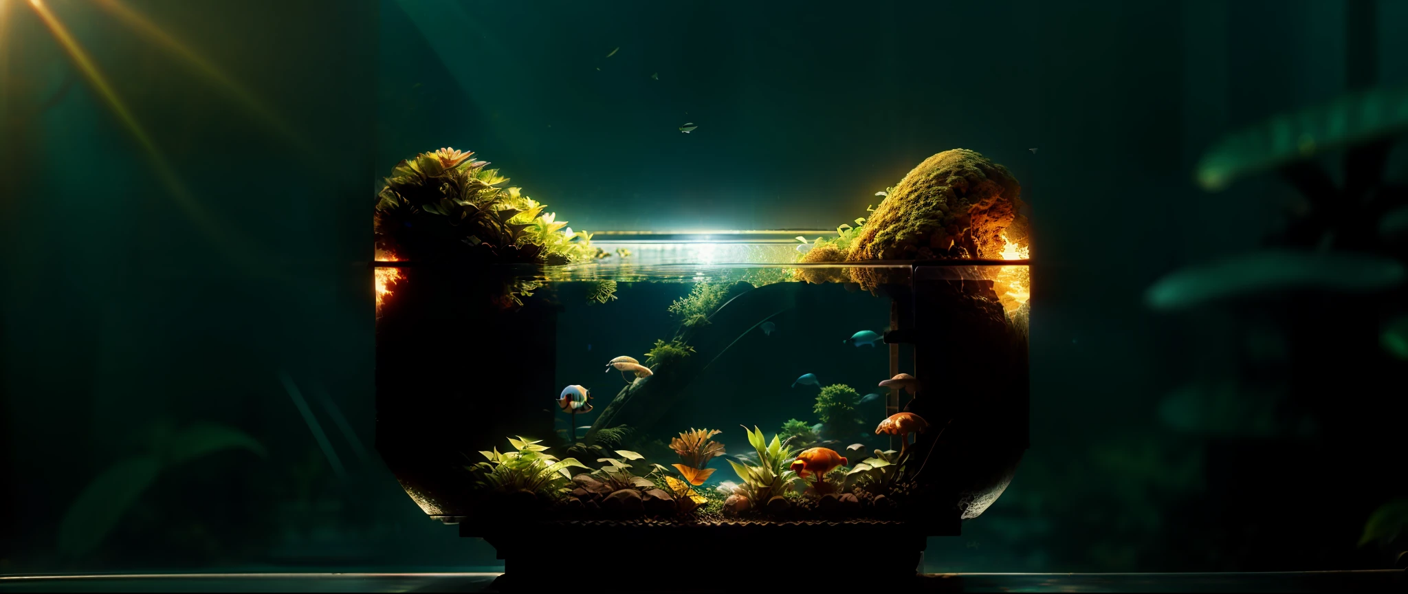 Masterpiece, Fish tank with schools of tropical ornamental fish , on windowsill, plant potted, architecture, light spot, backlight, exposure, surrealism, high detail, realism, anime style, chiaroscuro, cinematic lighting, depth of field, UHD, 8k, retina, high quality --quality 1