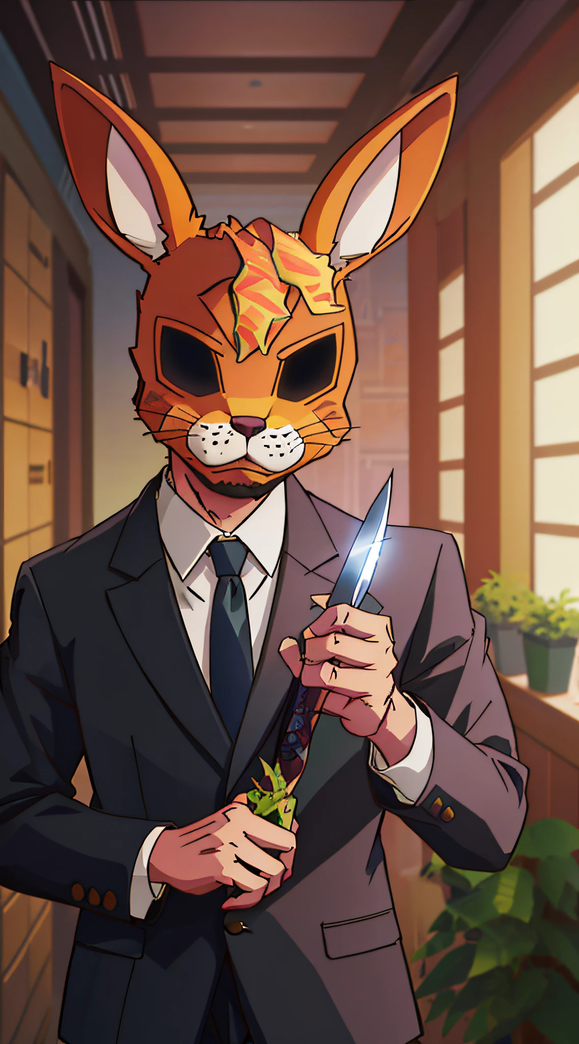 There is a man in a suit with a knife and a bunny mask, in a dimly lit room, triggering anime art style, badass anime 8 K, furry anime, detailed doujin art, Nick Wilde, high quality fan art, official fan art, stylized anime, official art, serious business, anime style, clear high quality anime, official character illustrations, high detail official artwork