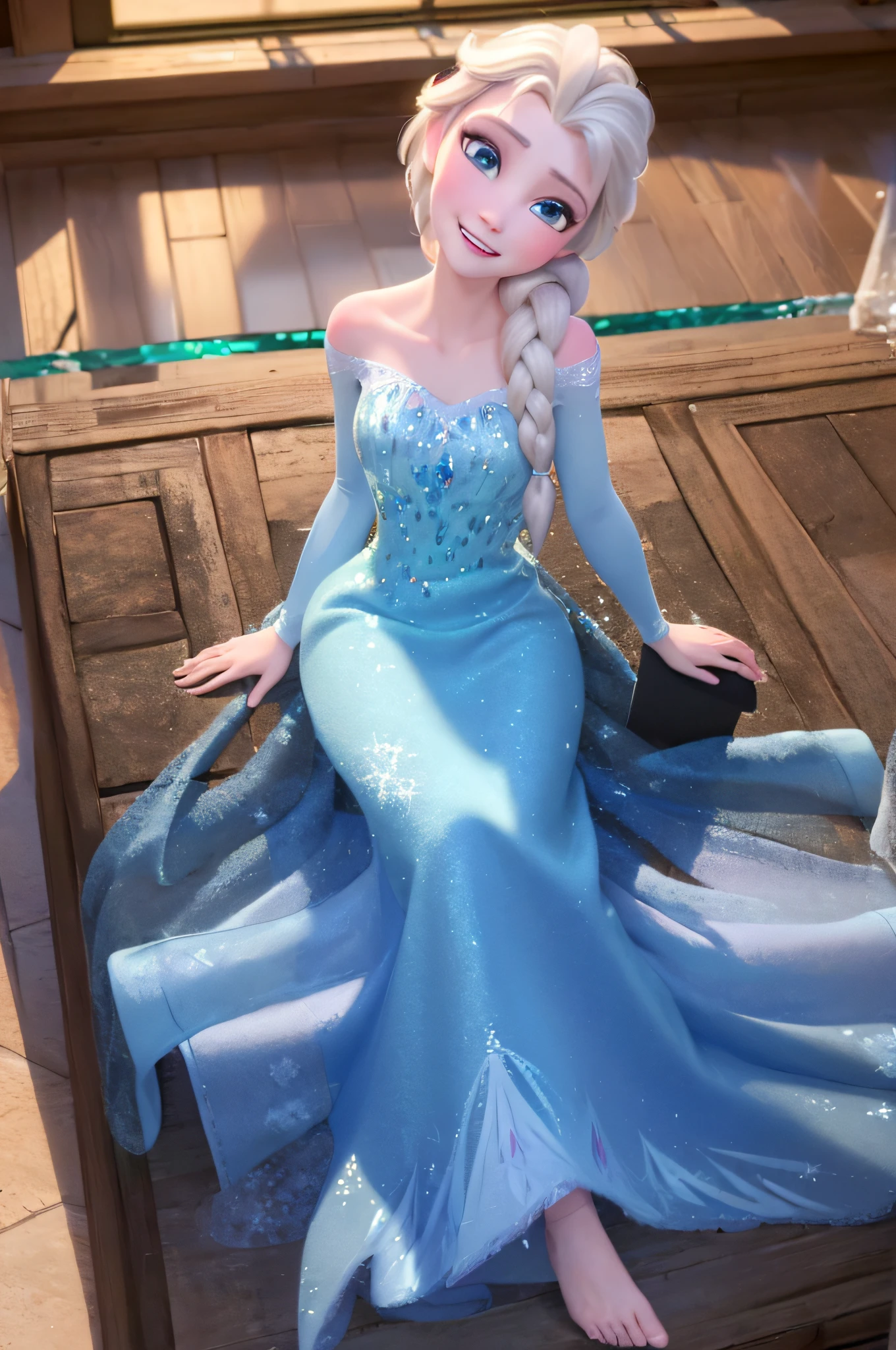 (masterpiece:1.4),(best qualit:1.4),(high resolution:1.4),elsa of arendelle, ice dress, sitting, single braid, (looking at viewer:1.1),(night:1.2), bed ,fireplace, smile,
