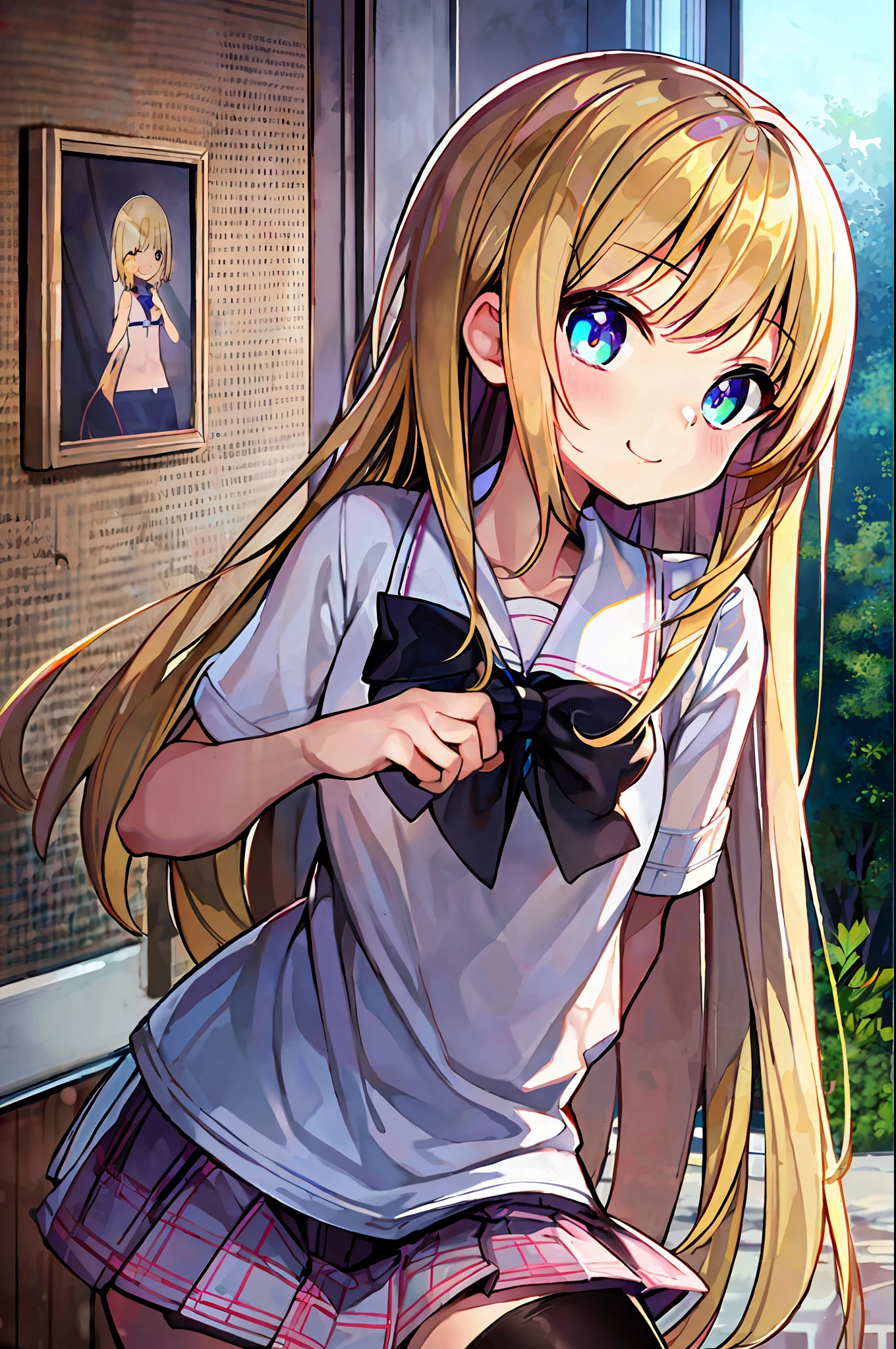 masterpiece, best quality, super detail,Unity 8K wallpaper,clear,(Loli:1.2),,Cute girl,,(Beautiful eyes),(Cute),Cute, (lovely), (sexy)), (erotic),loli,
miniskirt, solo, one girl,,smile,school uniform,short sleeve,blonde,onesideup