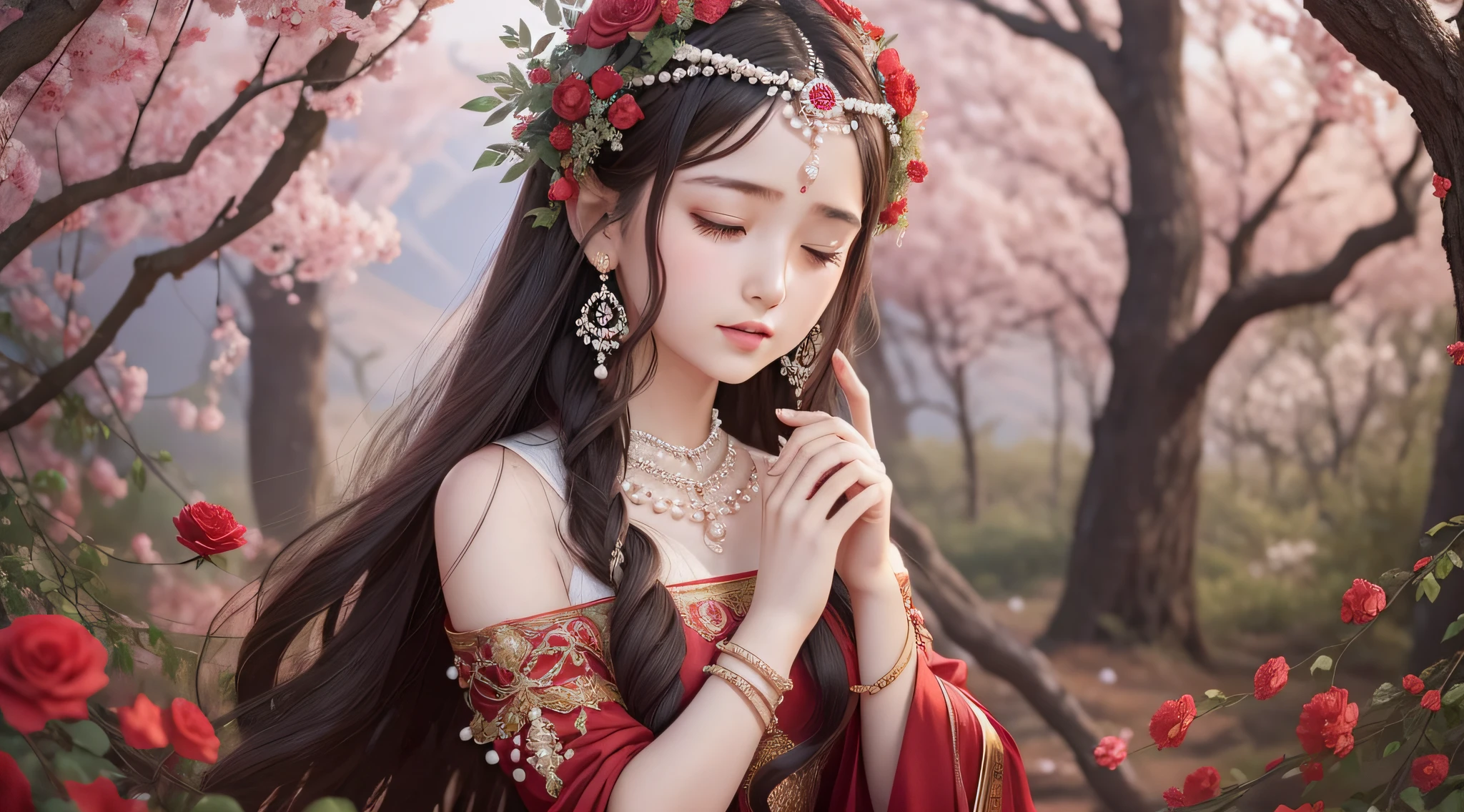 Wearing a gorgeous red dress with a wreath on his head and pearl earrings on his ears, the mountain god leaned against an acacia tree to fake sleep. There were falling petals all around, one of which fell on the girl's shoulder. The girl chanted a mantra in a low voice, and the petals floated and surrounded the girl. In his hand is a staff made of vines. --auto --s2