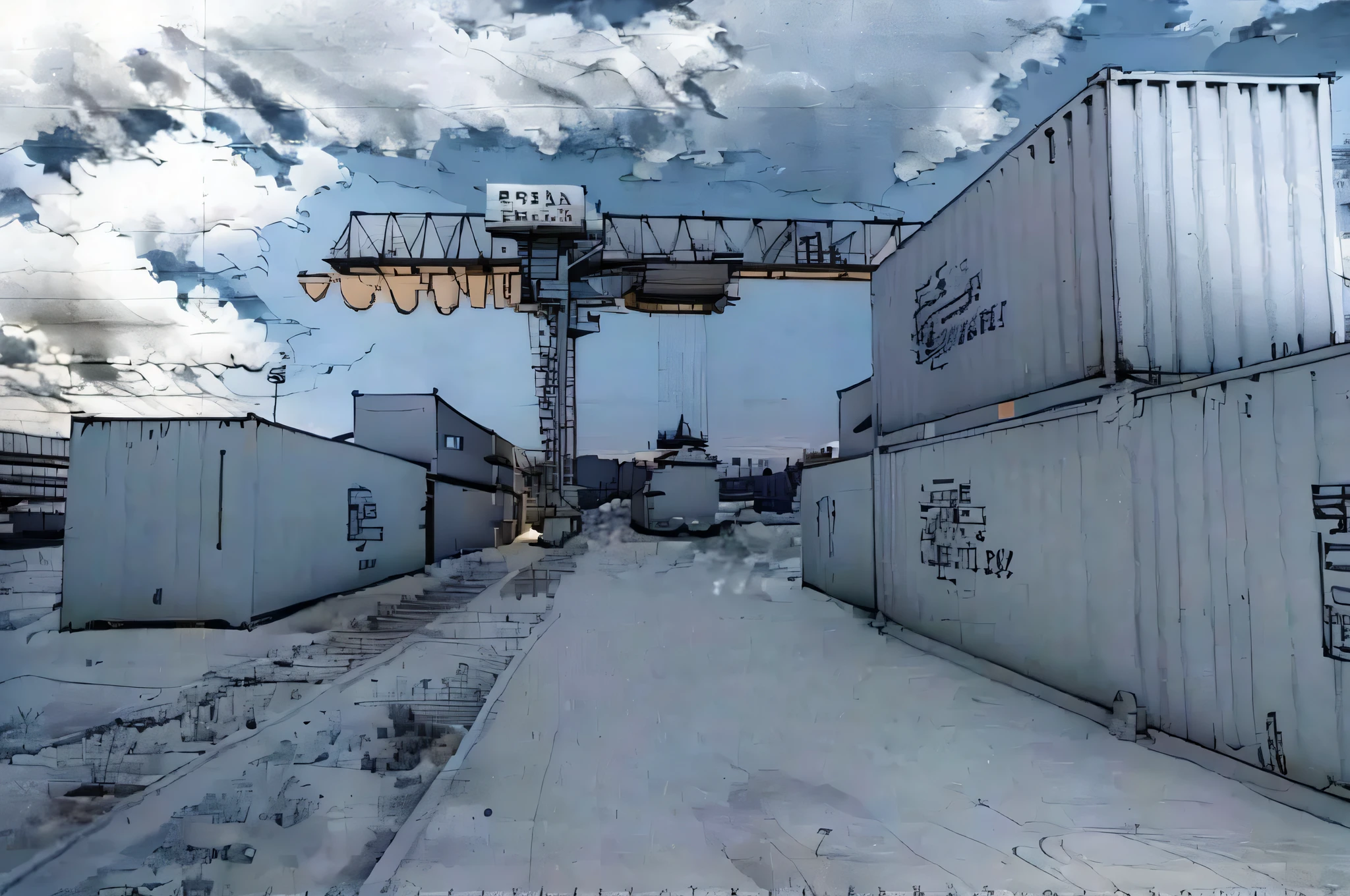 linear, gray, white background, simple background, sketch, sketch, pen_sketch_style, on the background huge crane, shipping containers, photo taken in 2 0 2 0, photo taken in 2018, yard looking at the camera, wide installation shot, portrait, crane shot, trade warehouses, wide long view, crane, attractive, DSRL photo, it is very huge