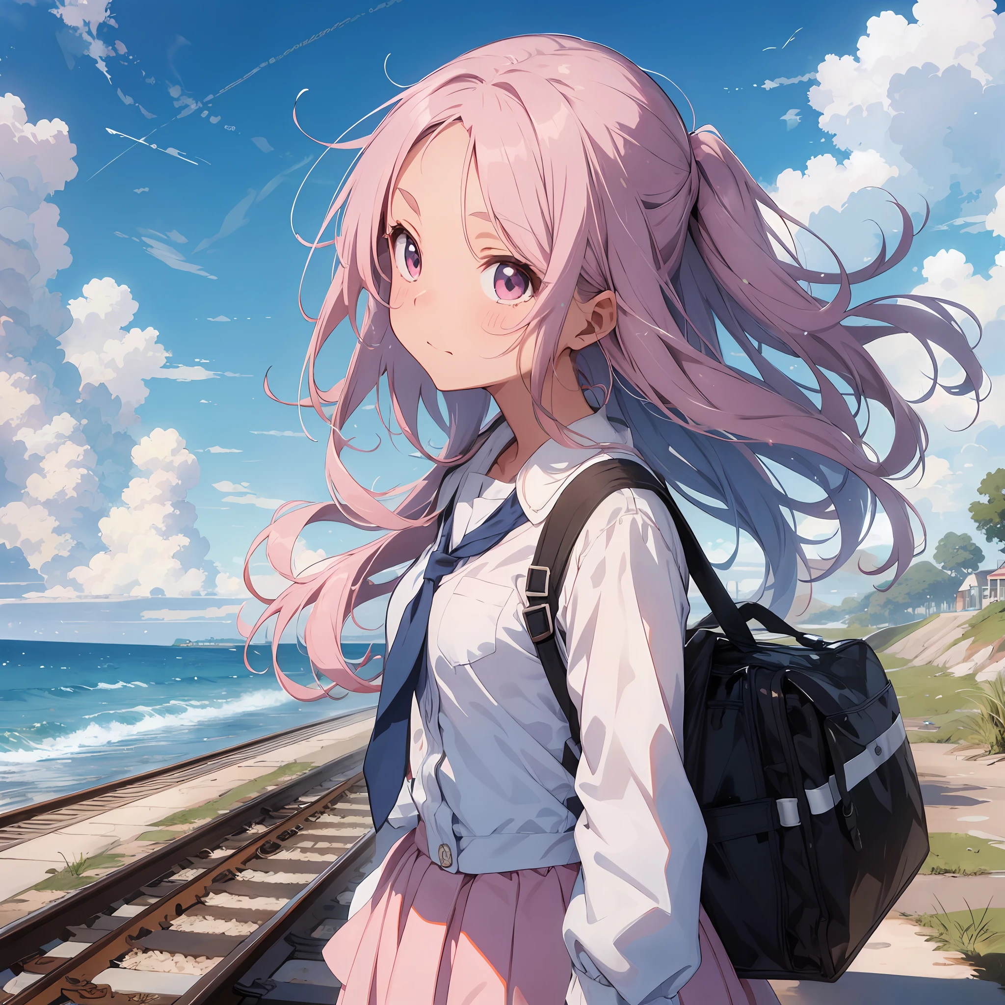 railroad tracks on the sea, sea, pink and light blue school uniform, headwind, strong wind, forehead visible, blue sky, school bag, (dark skin: 1.3), brown skin, movie lighting, thick eyebrows, small, beautiful light pink hair, (masterpiece), ((highest quality)), (super detailed), glossy skin, full body anime girl, solo, clean and detailed anime face, high resolution anime eyes, five fingers, Textile shading, perfect human structure, perfect anatomy,