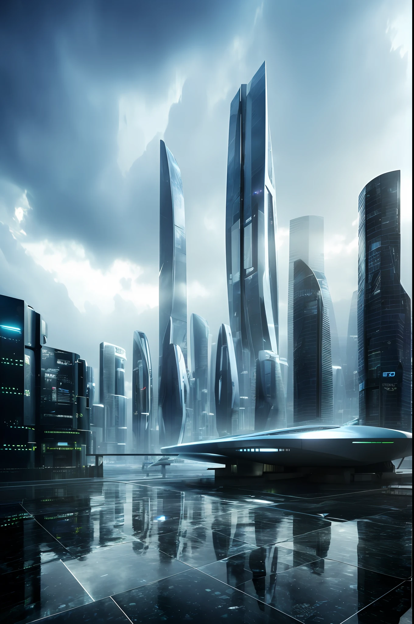 ((masterpiece, best quality)), 8k, modern architecture, photorealism, ultra-detailed photo, clean sky, ruined city, cyberpunk, rain, futuristic city, technological, fantasy